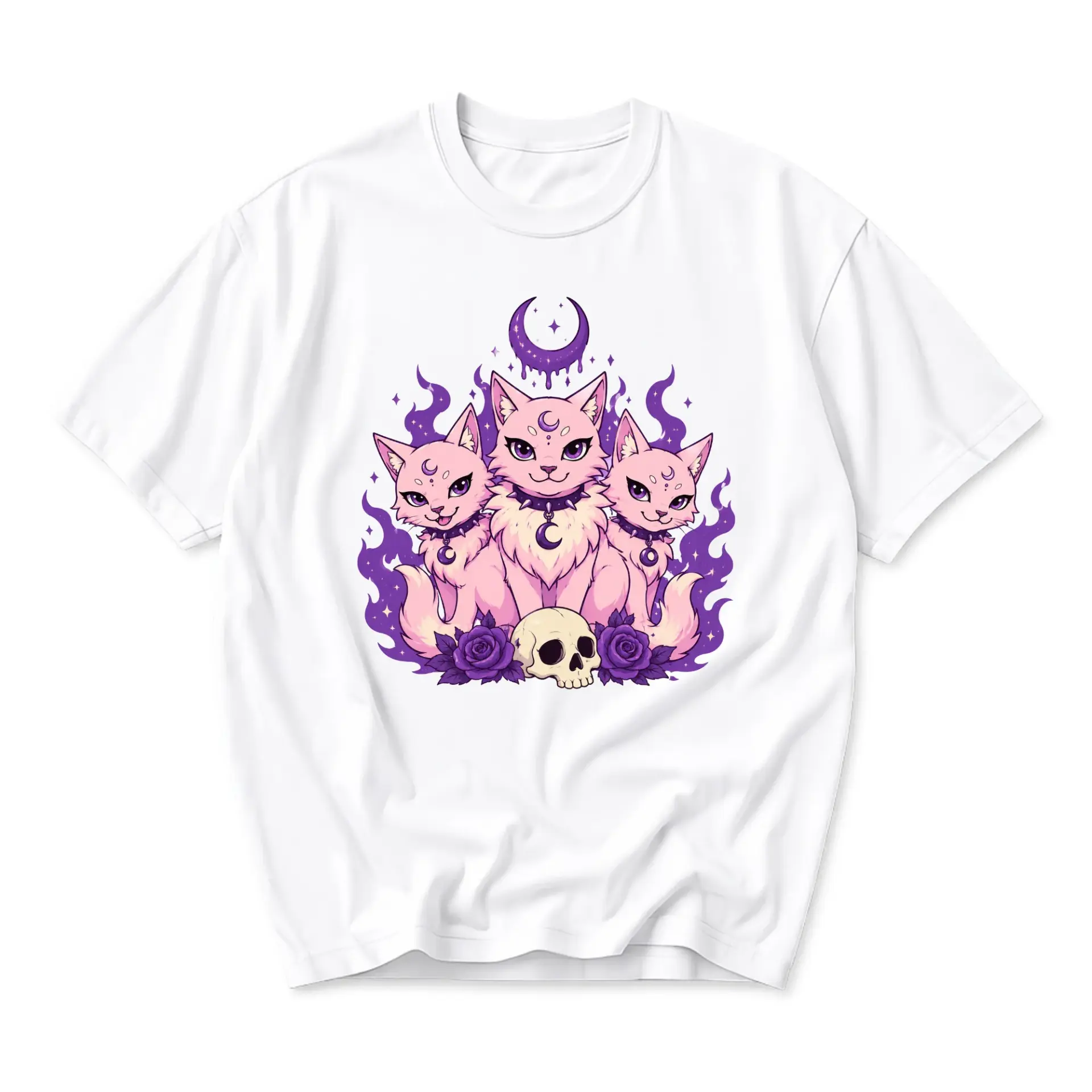 Graphic Tee Featuring Three Cats with Crescent Moons and Purple Flames Artistic Design Unisex Crew Neck Shirt
