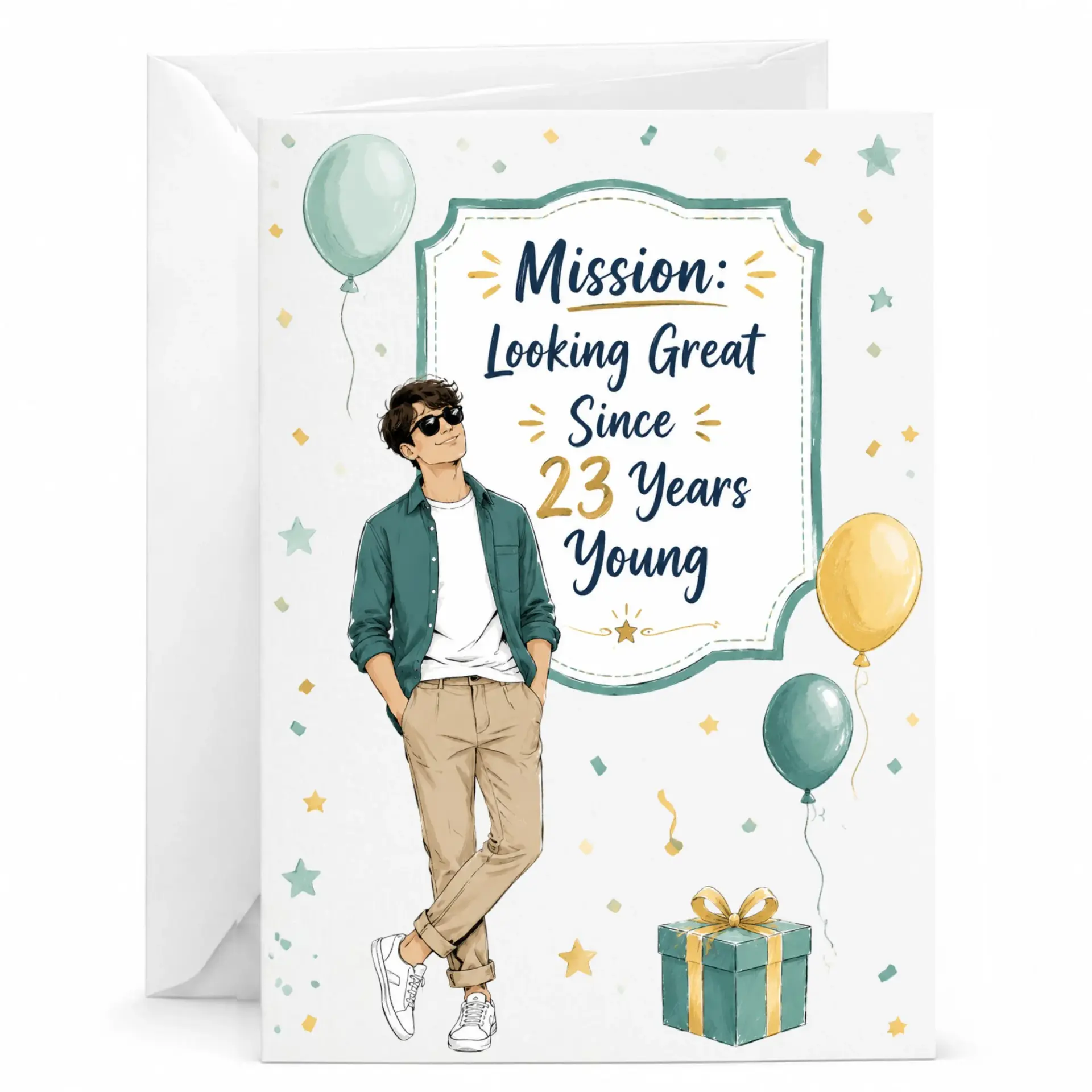 Birthday Card Mission Looking Great Since 23 Years Young Funny Illustration Greeting Card for Men Milestone Birthday