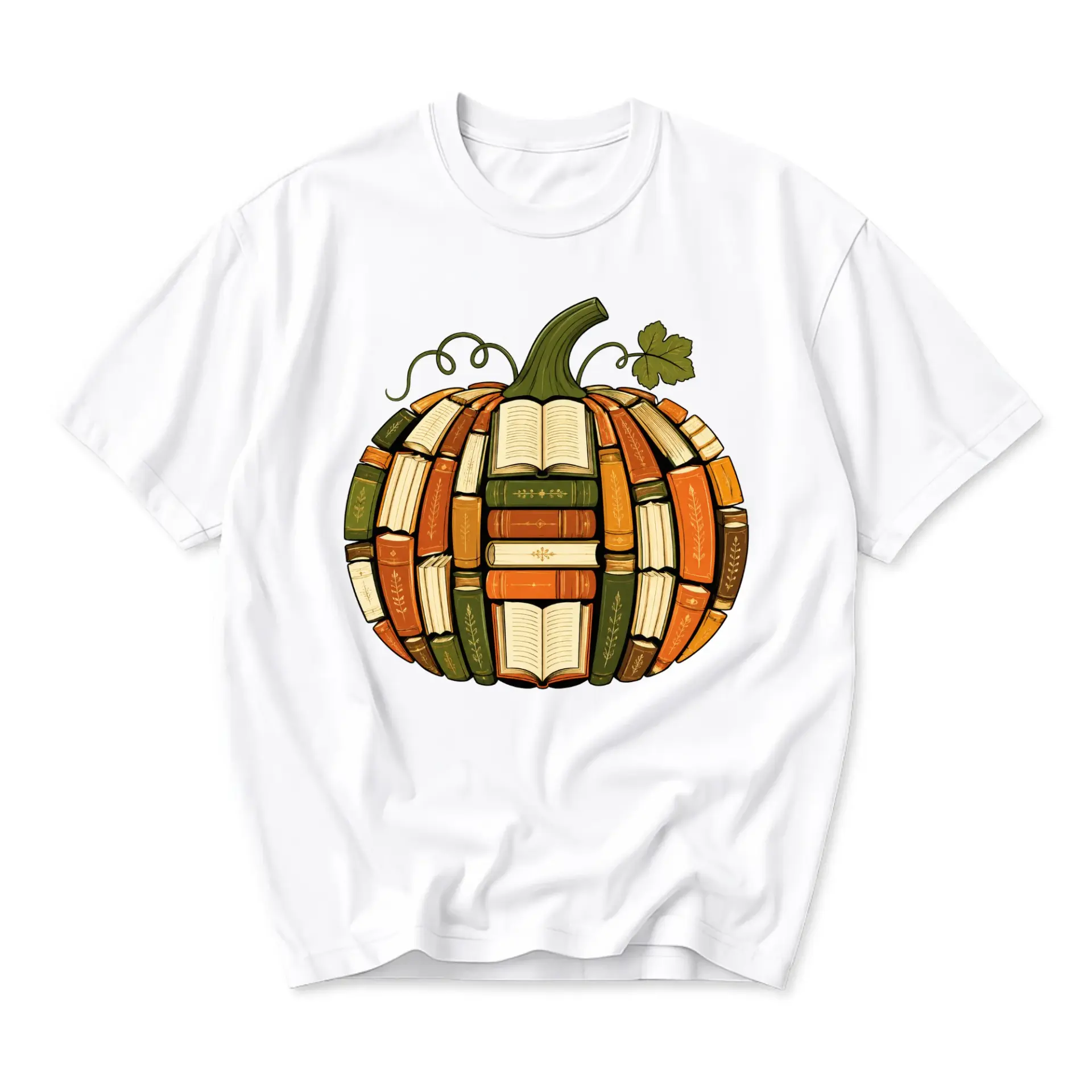 Graphic Tee Pumpkin Made of Books Illustration Unisex Crew Neck Soft Cotton Casual Autumn Reading Lover Apparel