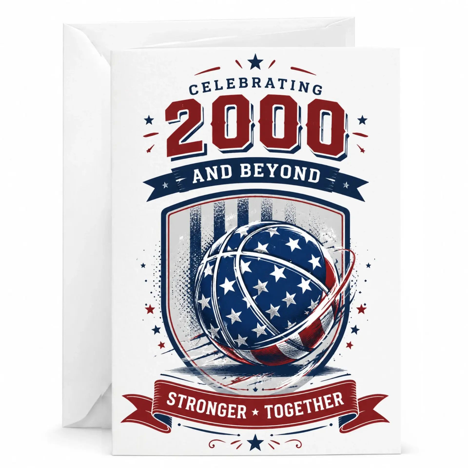 Greeting Card Celebrating 2000 and Beyond with Patriotic Basketball Design for Sports Fans and Team Achievements