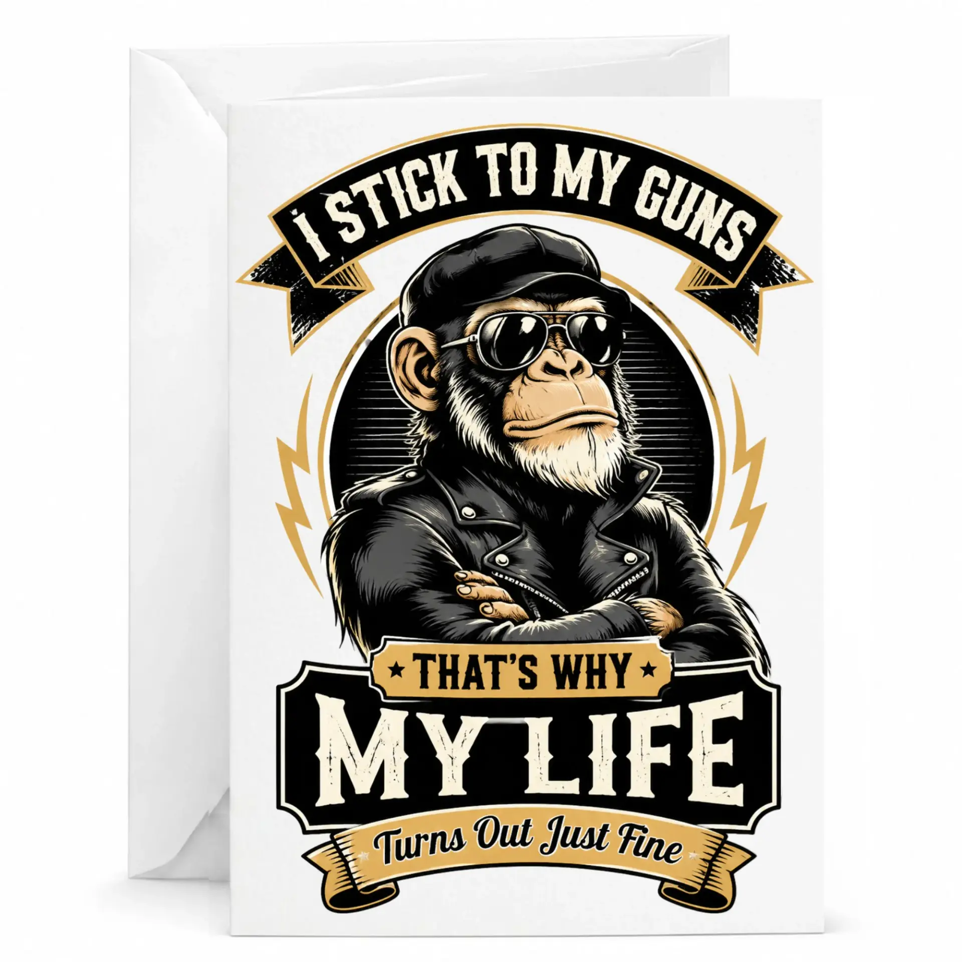 Funny Monkey Greeting Card with Envelope Retro Biker Ape Graphic for Encouragement and Birthday Wishes