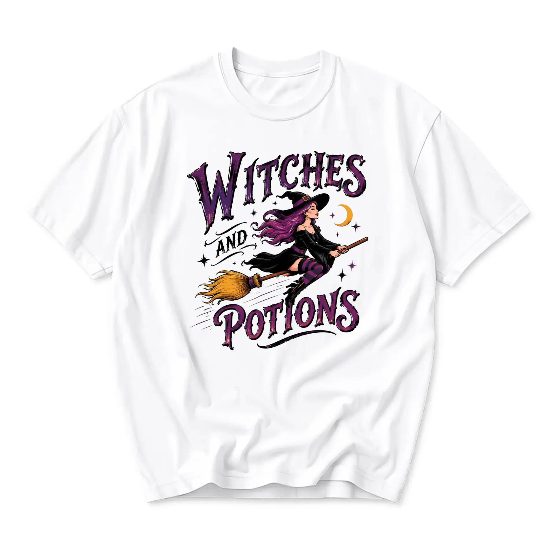Graphic Tee Witches and Potions Print Unisex Crew Neck Casual Everyday T-Shirt with Magical Flying Witch Illustration