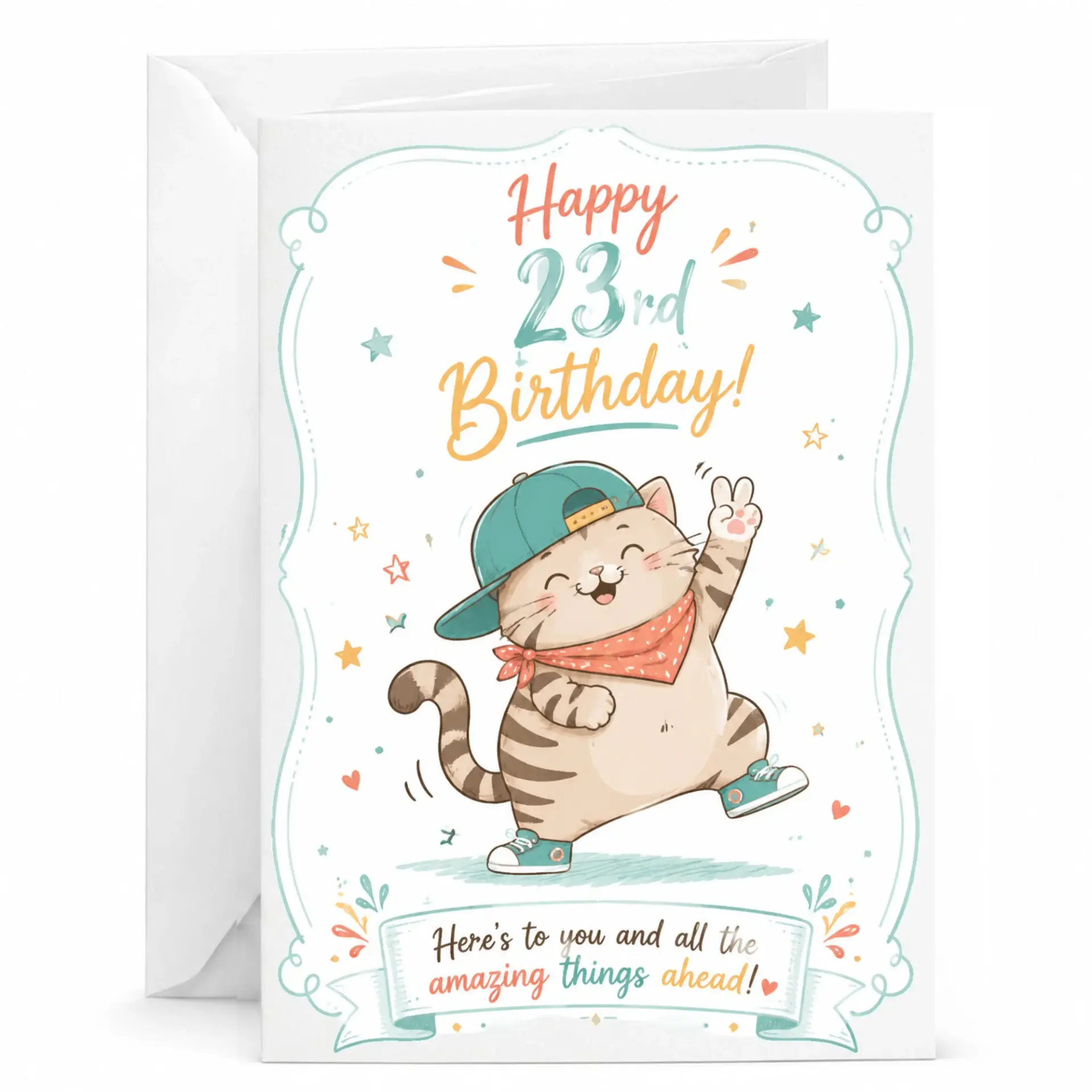 Birthday Card for 23rd Birthday Funny Cartoon Cat Illustration Greeting Card with White Envelope Included 5x7 Inches