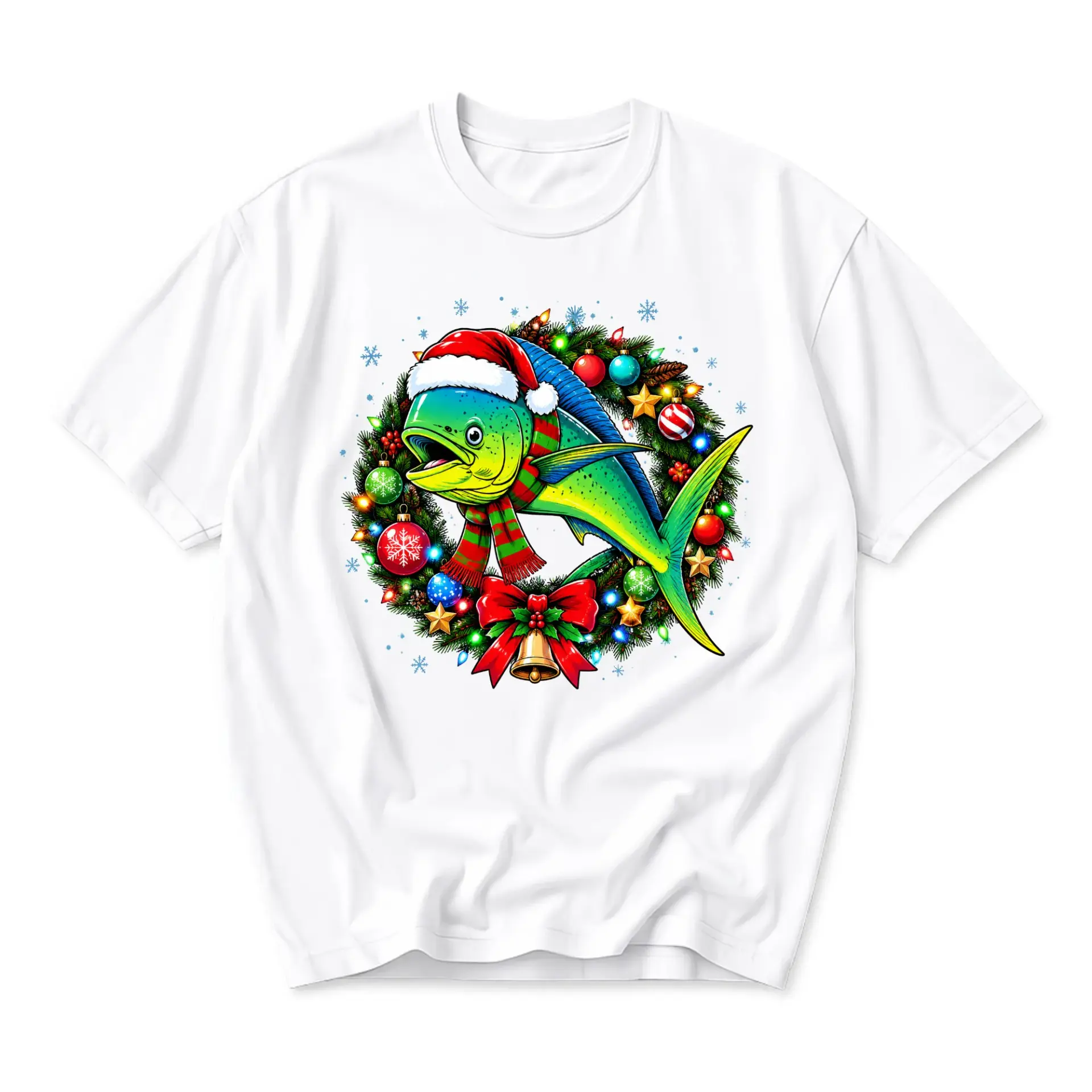 Graphic Tee Mahi Fish Christmas Wreath Illustration Unisex Cotton Crew Neck