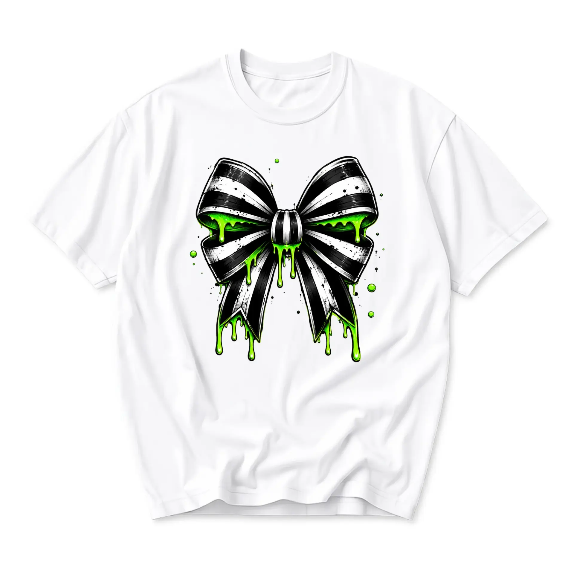 Graphic Tee Black and White Striped Bow Shirt with Green Drip Effect Unisex Casual Crew Neck Apparel