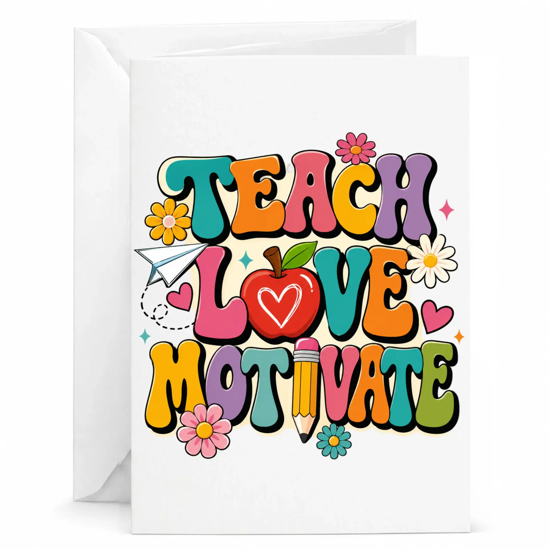 Greeting Card Teach Love Motivate Retro Style Typography Design Heavyweight Premium Cardstock 5x7 Inch Folded Note