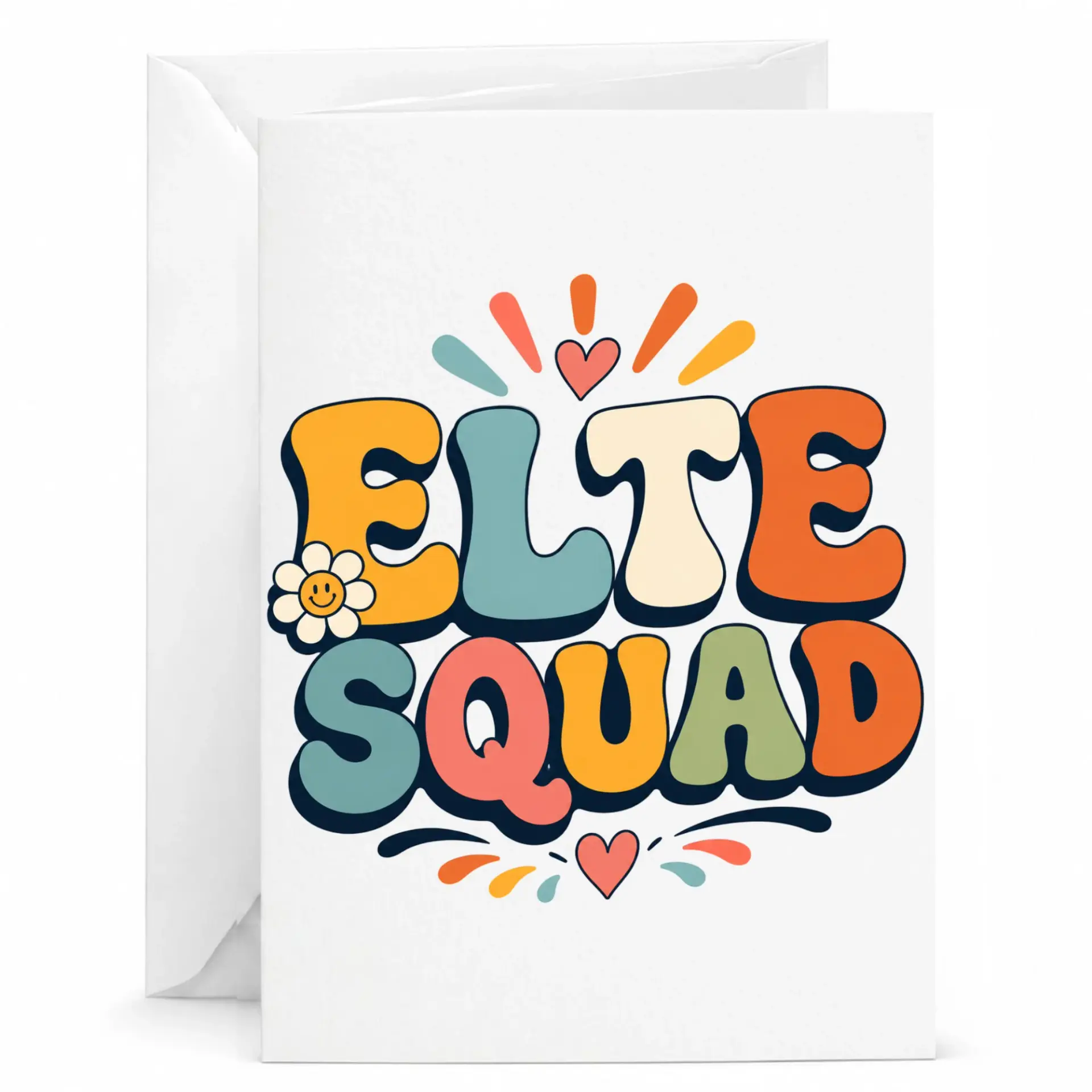 Greeting Card Squad Retro Style Fun Typography Design for Friends and Coworkers Blank Inside with White Envelope