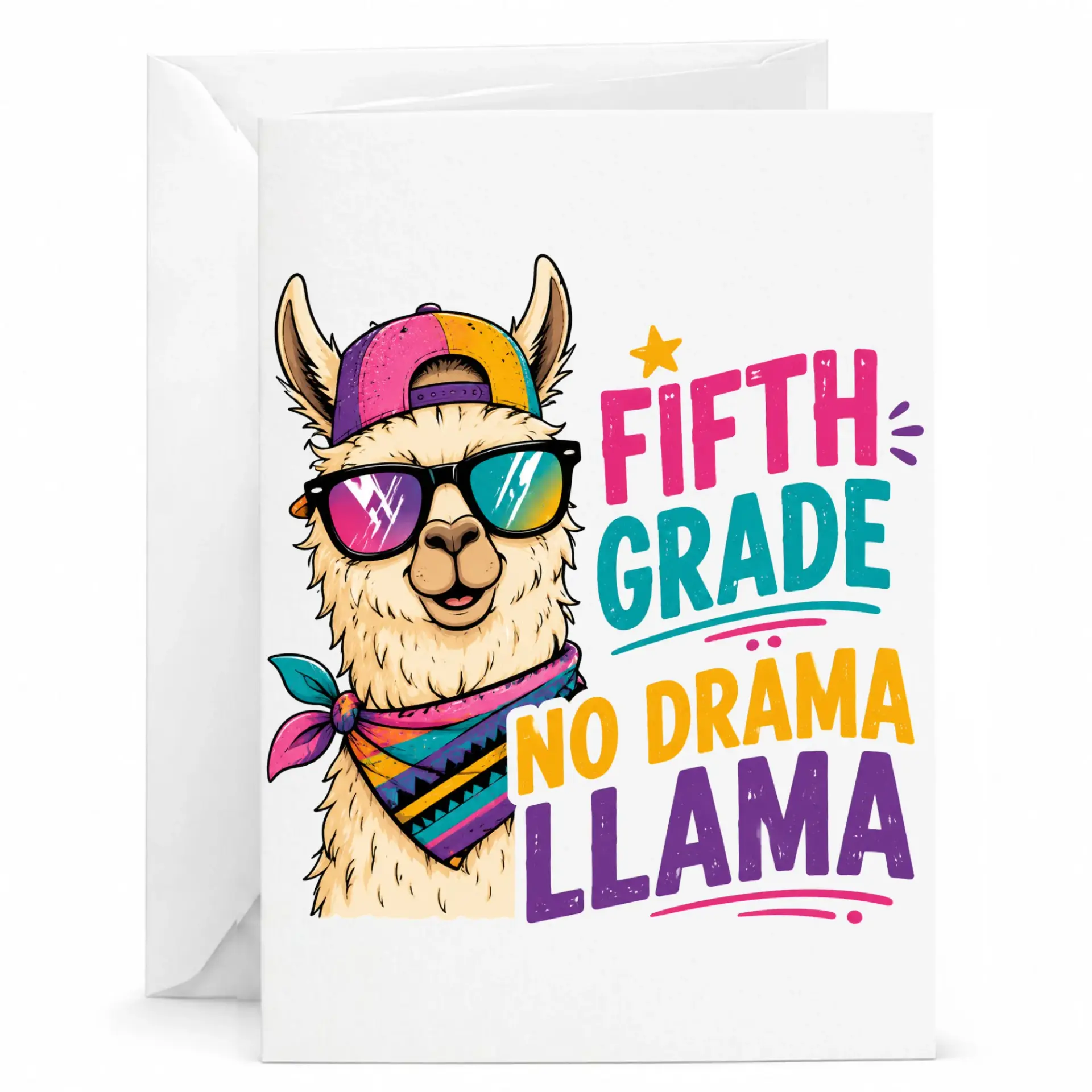 Funny Greeting Card Fifth No Drama Llama Design Featuring Cool Alpaca Wearing Sunglasses and Baseball Cap