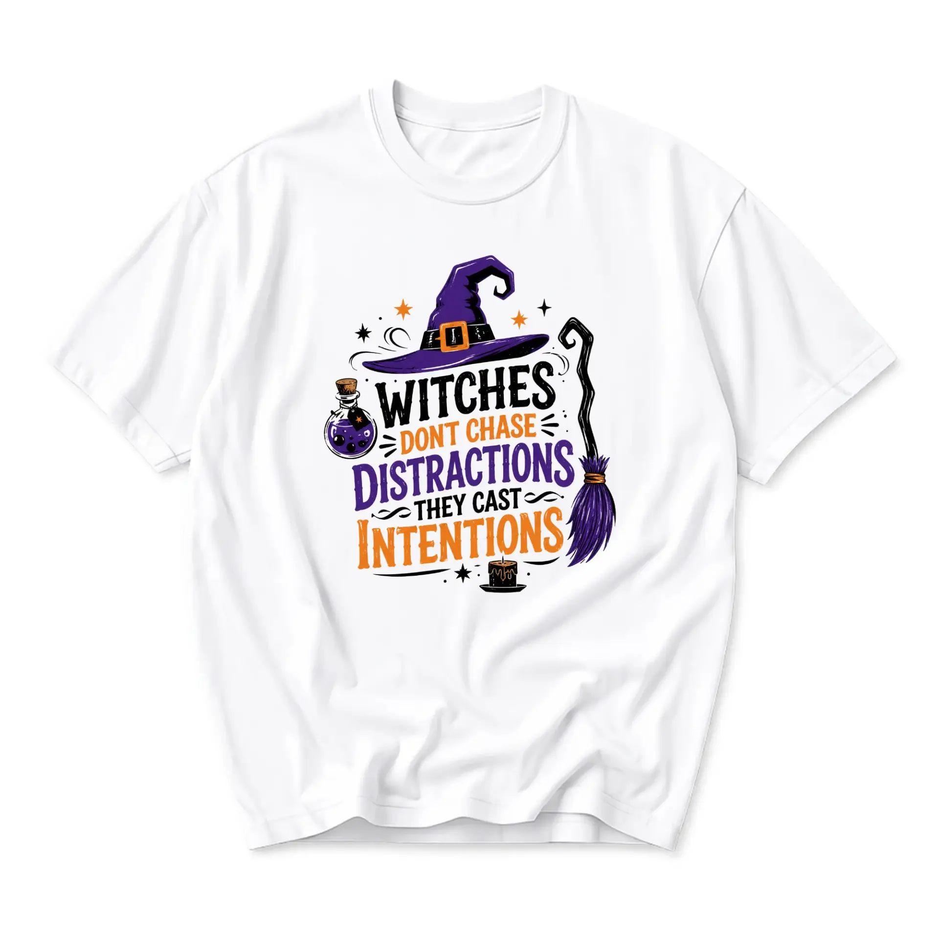 Funny Shirt Witches Dont Chase Distractions They Cast Intentions Graphic Print Unisex Casual Crew Neck Cotton Tee