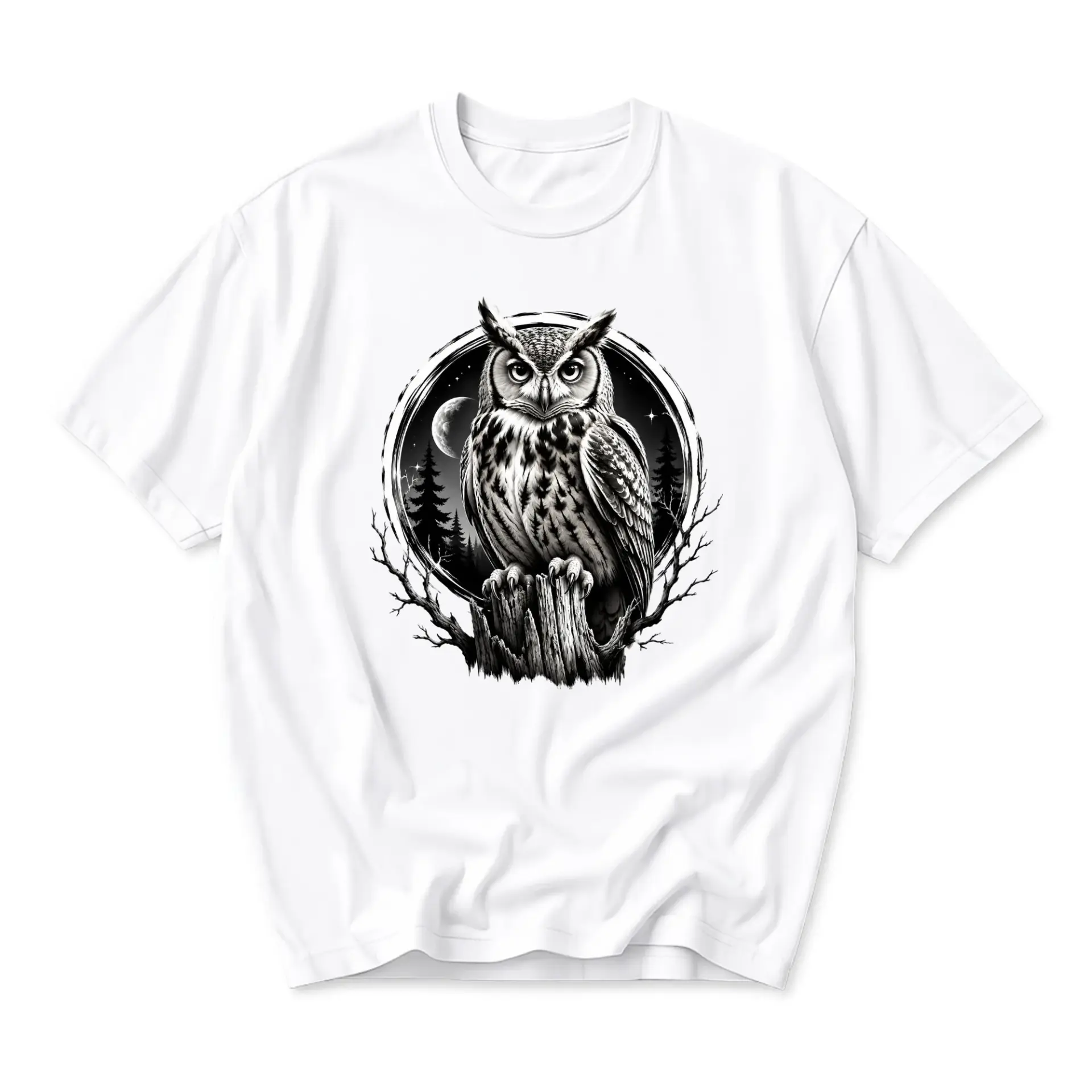 Graphic Tee Unisex Crew Neck T-Shirt Featuring Detailed Owl Perched on Tree Trunk Illustration Nature Wildlife Art