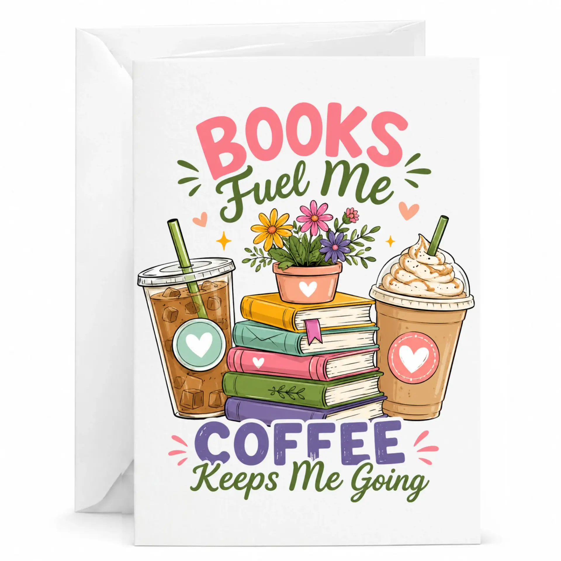 Funny Greeting Card Books Fuel Me Coffee Keeps Me Going Illustrative Book Lover Stationary for Readers and Bibliophiles