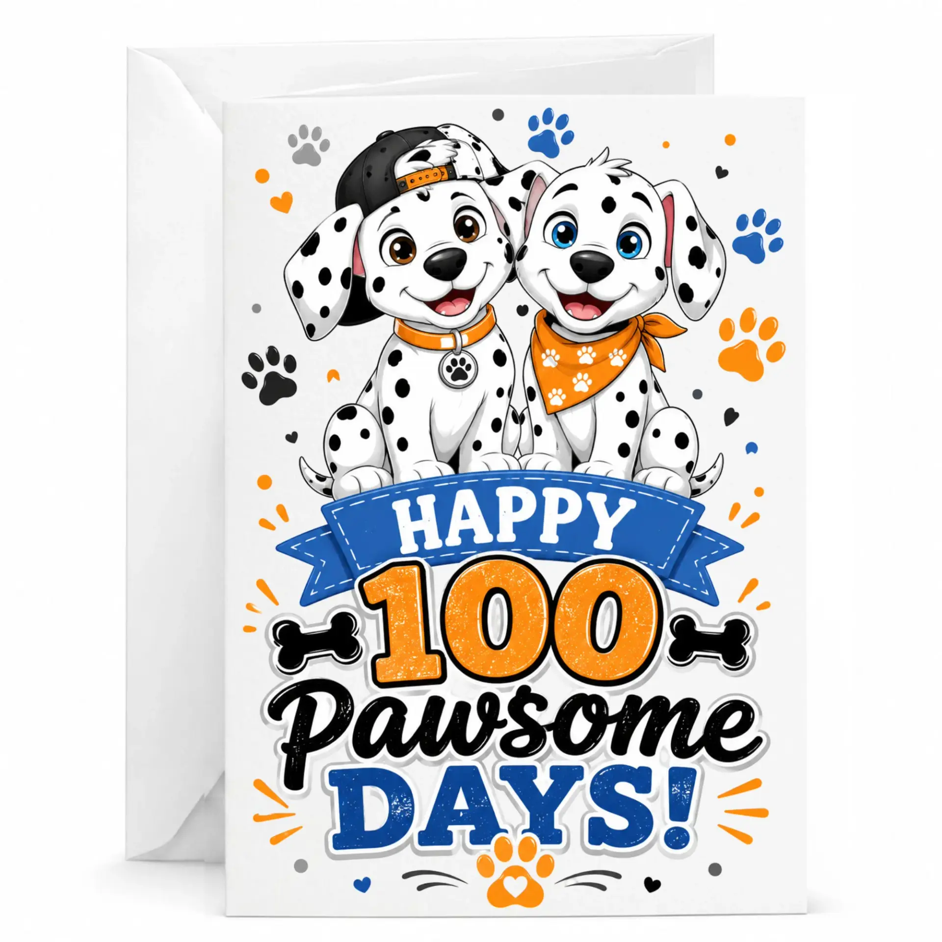 Happy 100 Pawsome Days Greeting Card for Milestone Featuring Cute Dalmatian Puppies and Colorful Design