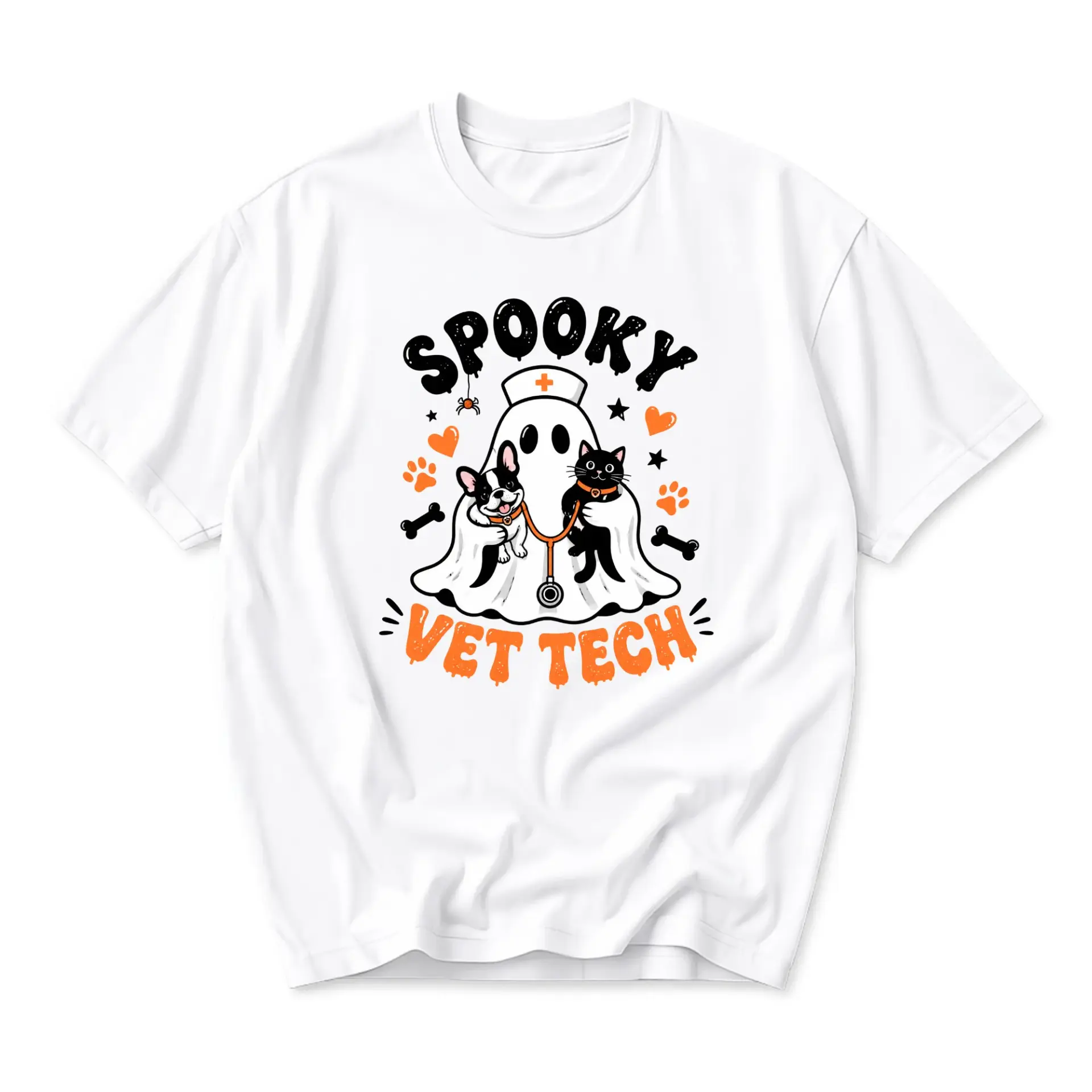 Graphic Tee Spooky Vet Tech Ghost Shirt Funny Halloween Animal Medical Profession Casual Unisex Crew Neck T-Shirt