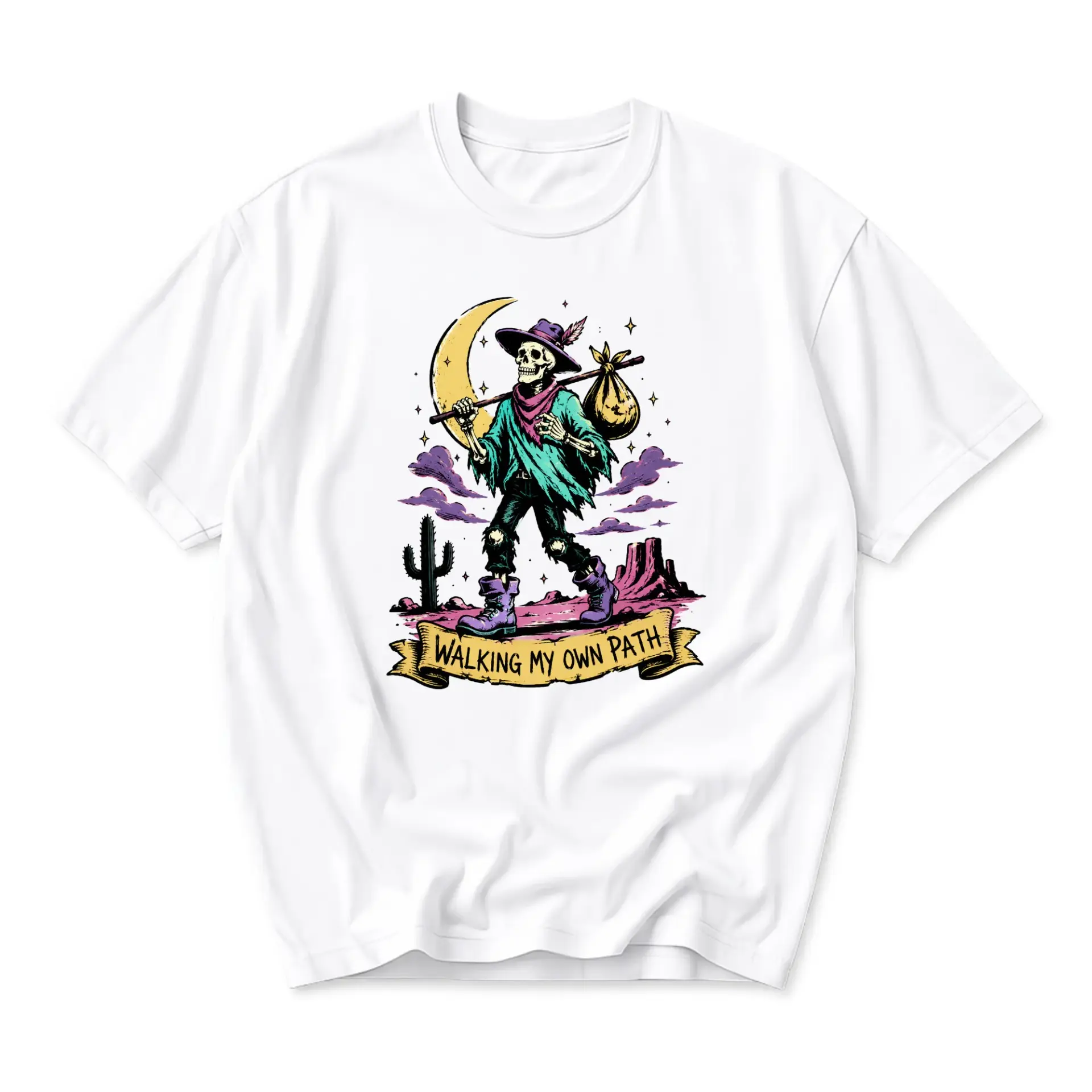 Graphic Tee Walking My Own Path Skeleton Wanderer Unisex Crew Neck Casual Everyday Shirt Desert Themed Apparel