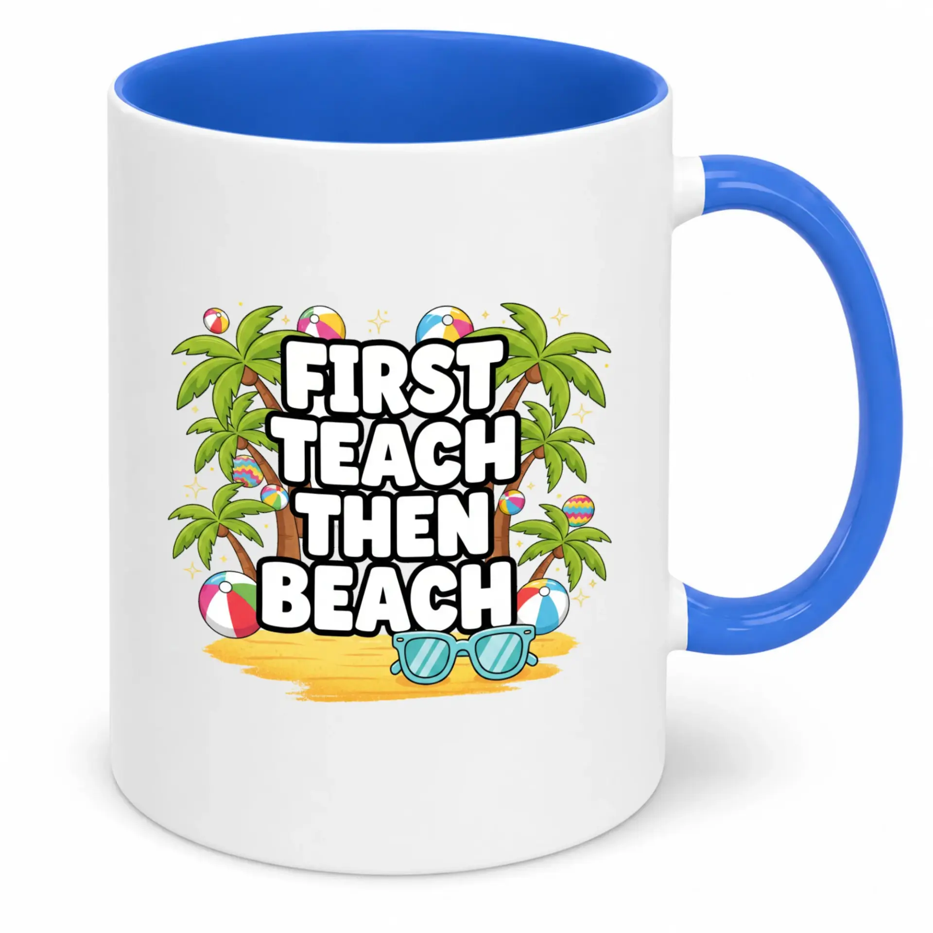 Funny Teacher Coffee Mug | Ceramic Cup 'first Teach Then Beach' Summer Vacation Theme | Unique Office Desk Drinkware & Appreciation Gift