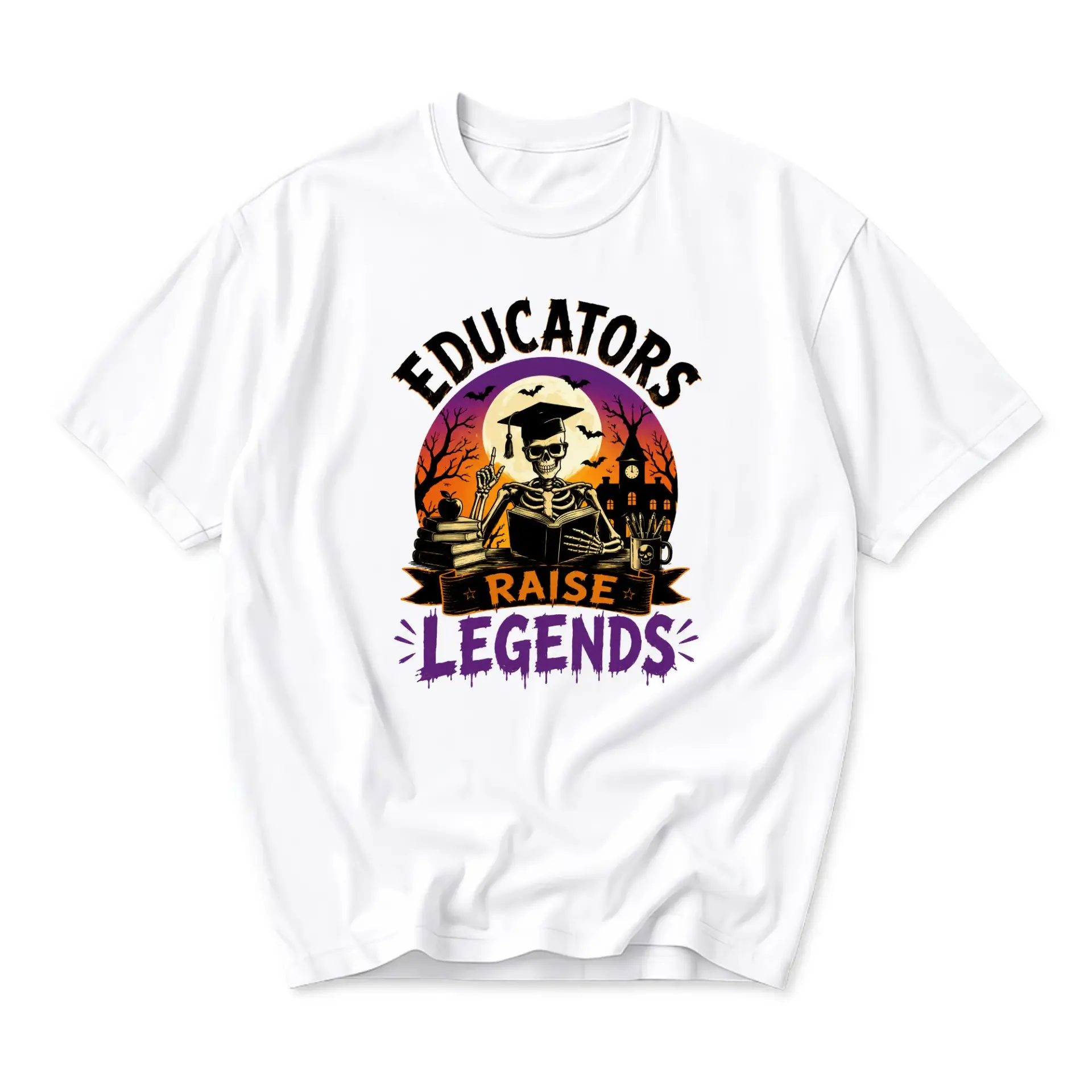 Graphic Tee Educators Raise Legends Halloween Skeleton School Theme Unisex Short Sleeve Crew Neck Casual Shirt