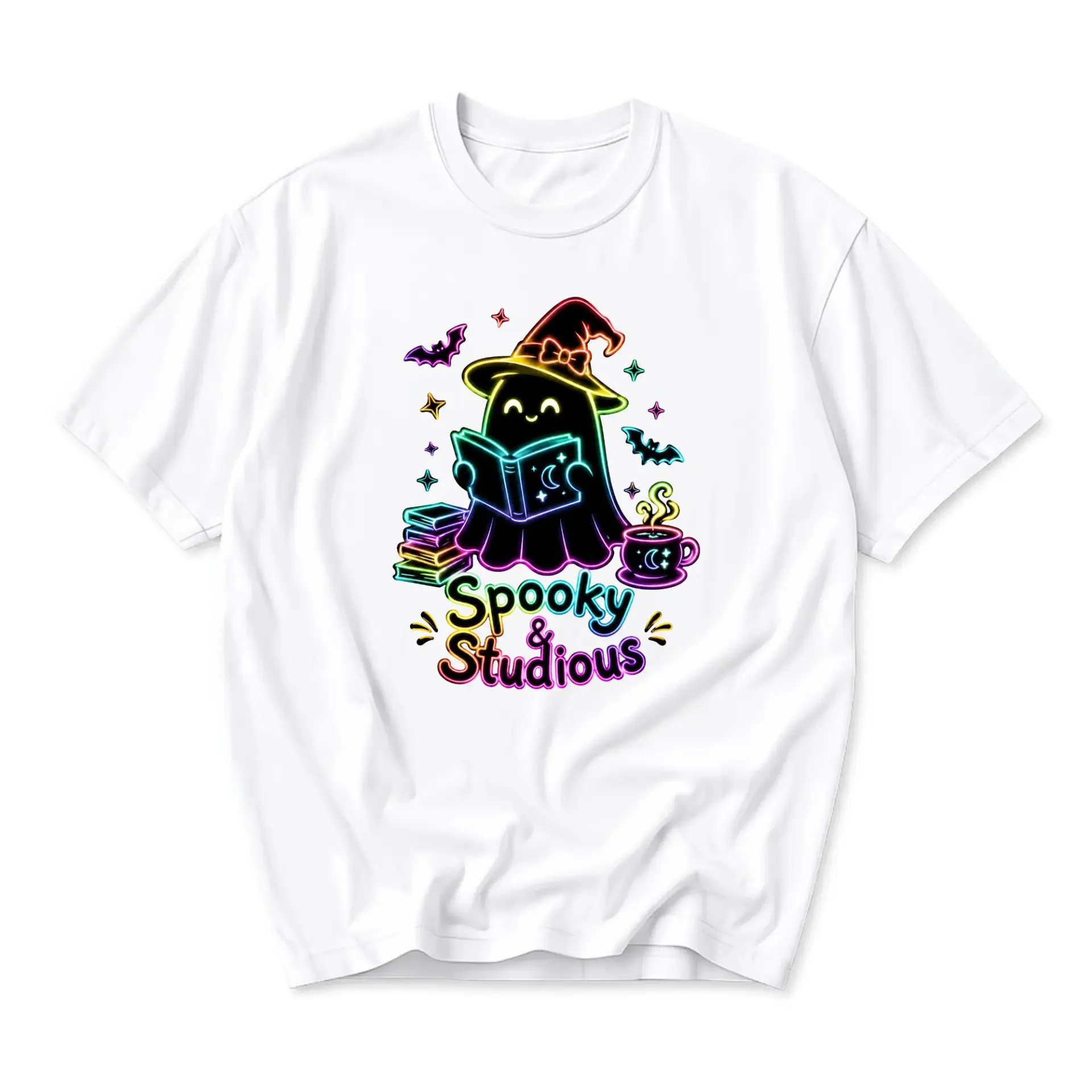 Funny Shirt Spooky and Studious Ghost Reading Book Graphic Tee Unisex Casual Crew Neck Comfortable Cotton Blend Top