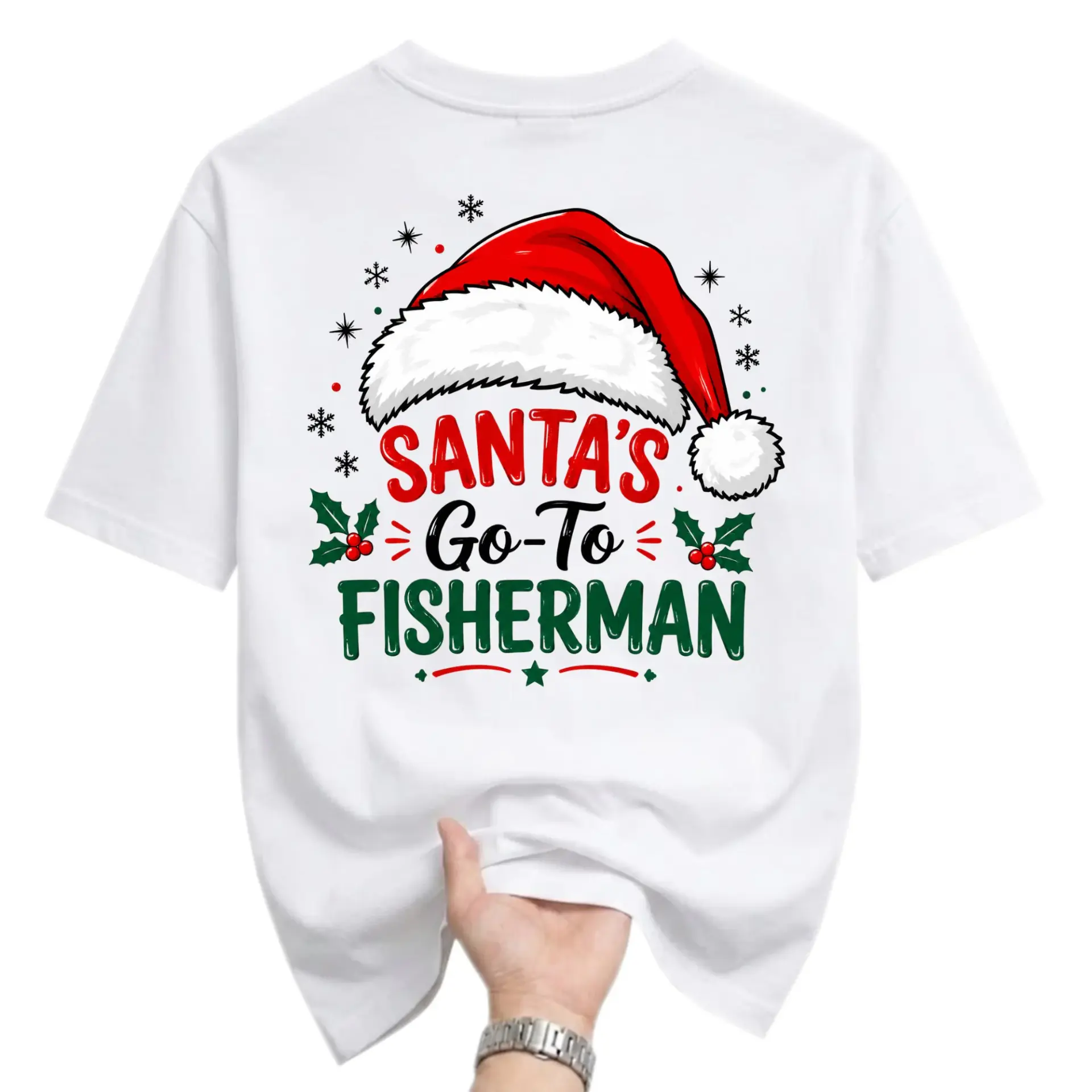Graphic Tee Santa's Go-To Fisherman Christmas Holiday Seasonal Unisex Crew Neck Short Sleeve Cotton Apparel White