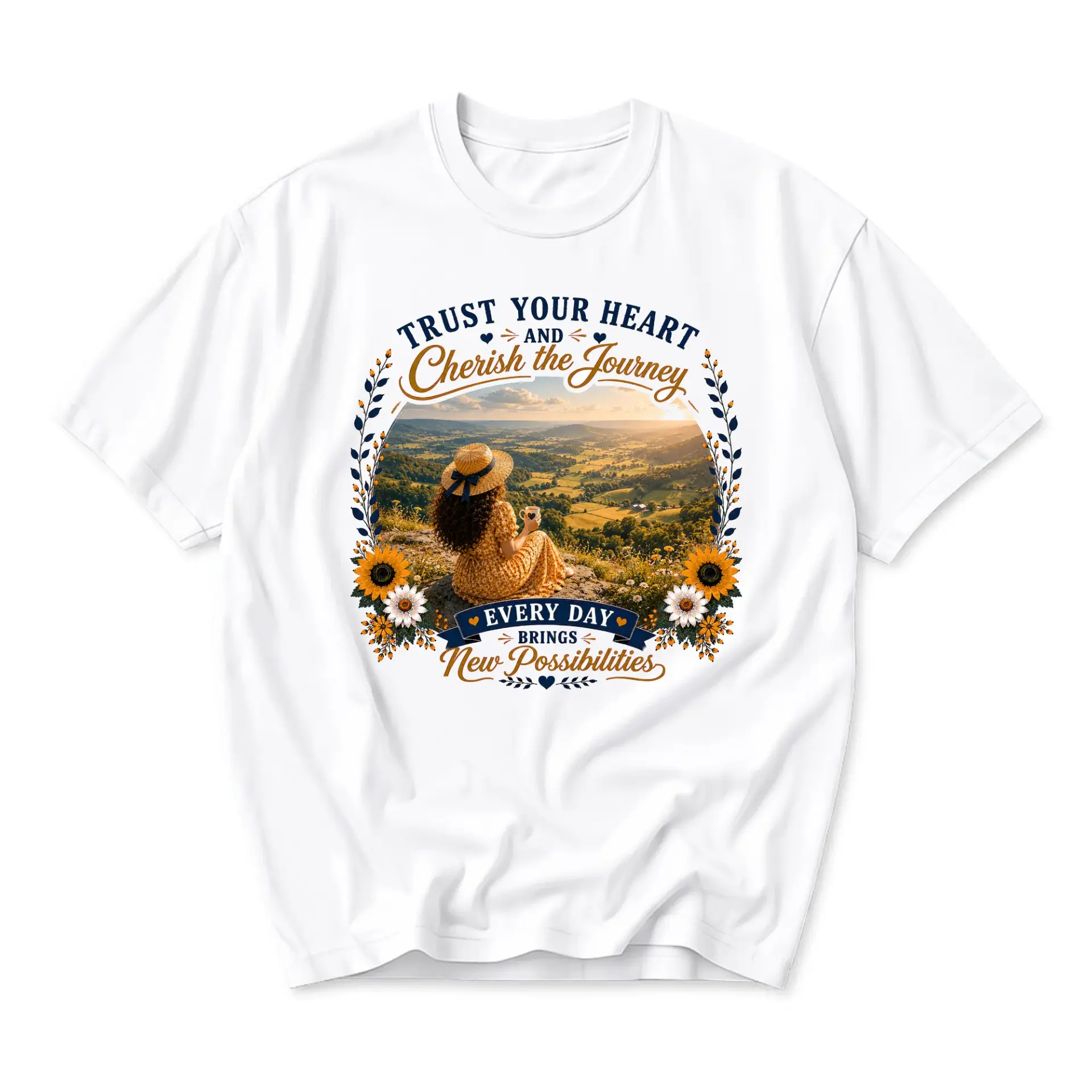 Graphic Tee Trust Your Heart and Cherish the Journey Inspirational Nature Quote Sunflower Botanical Art Unisex Shirt