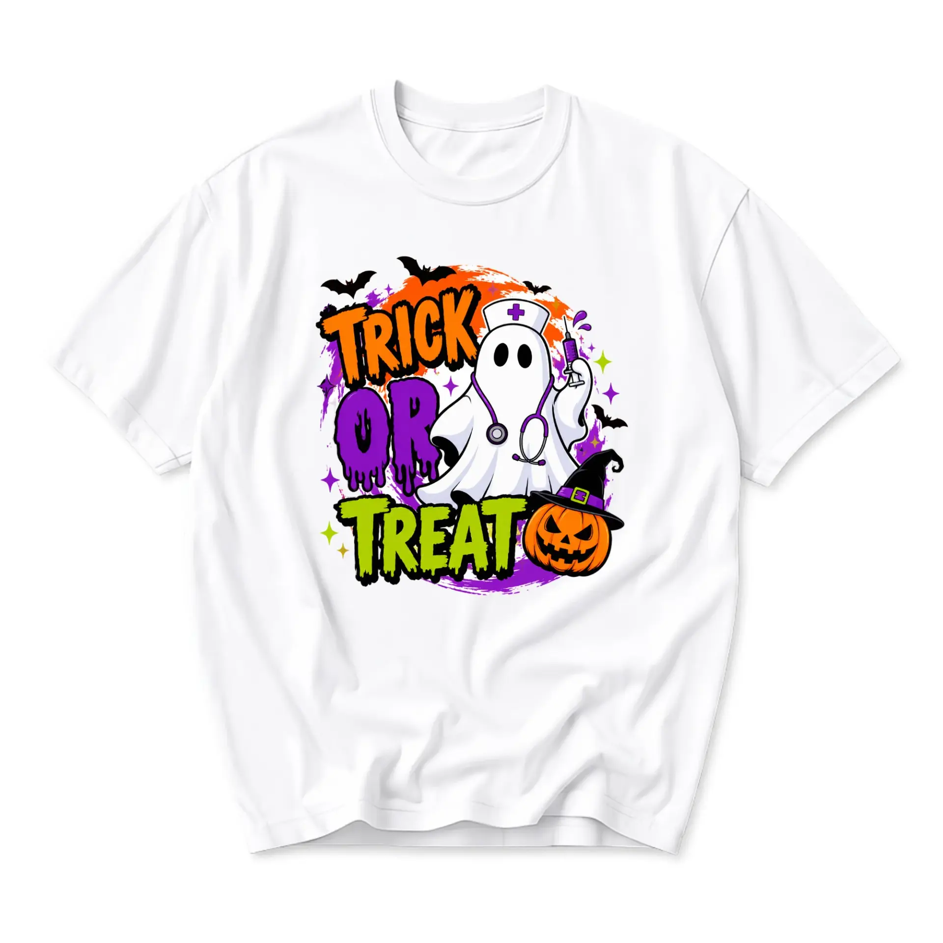 Funny Shirt Halloween Trick or Treat Nurse Ghost Design Unisex Graphic Printed T-Shirt Soft Cotton Crew Neck Top