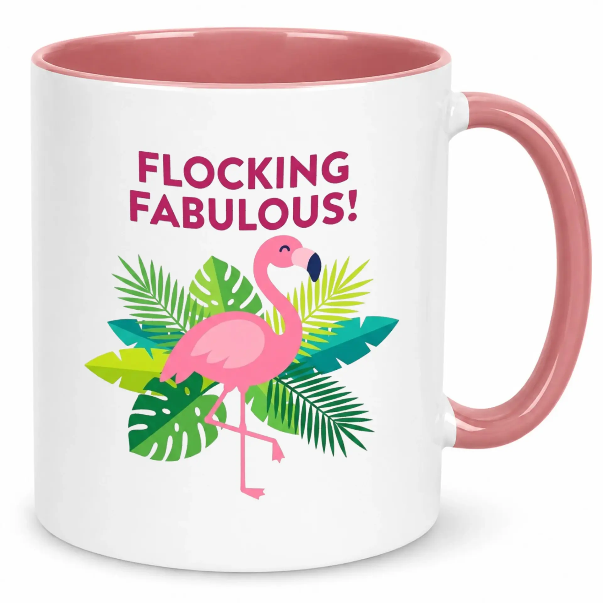 Funny Flamingo Coffee Mug with Tropical Leaves Design, "flocking Fabulous" White Ceramic Beverage Cup, Humorous Gift for Friends and Coworkers