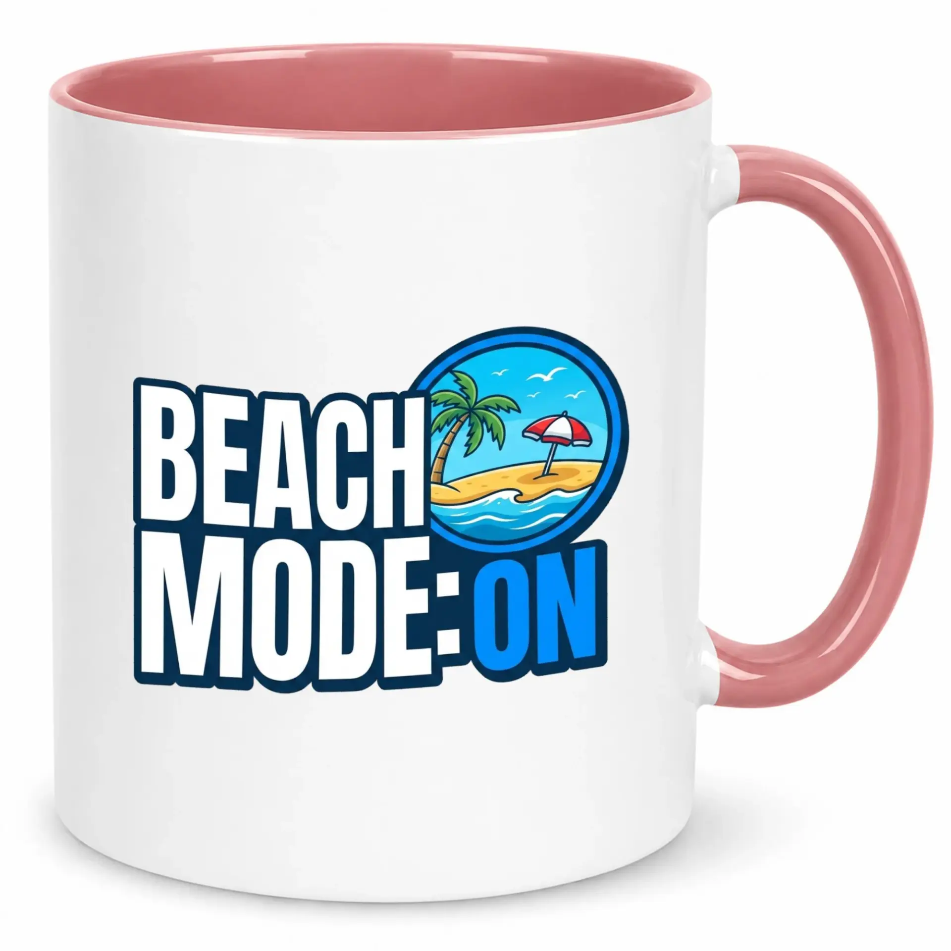 Funny Beach Mode on Ceramic Coffee Mug with Pink Handle and Interior, Summer Vacation Themed Drinkware Gift