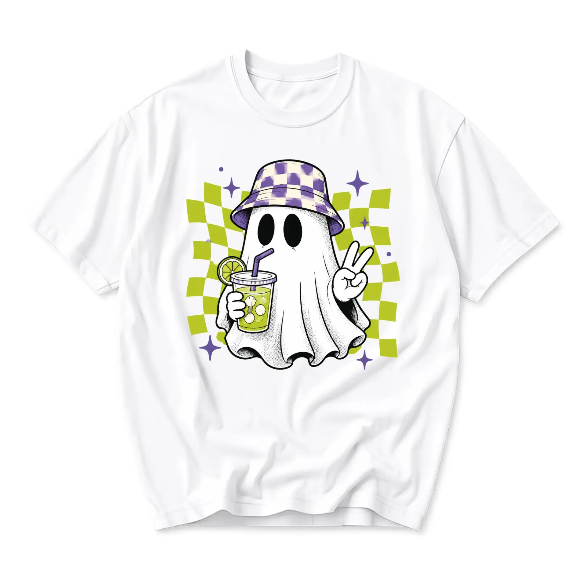 T-shirt Graphic Tee Featuring a Trendy Ghost Character with a Checked Bucket Hat and Refreshing Citrus Drink Design