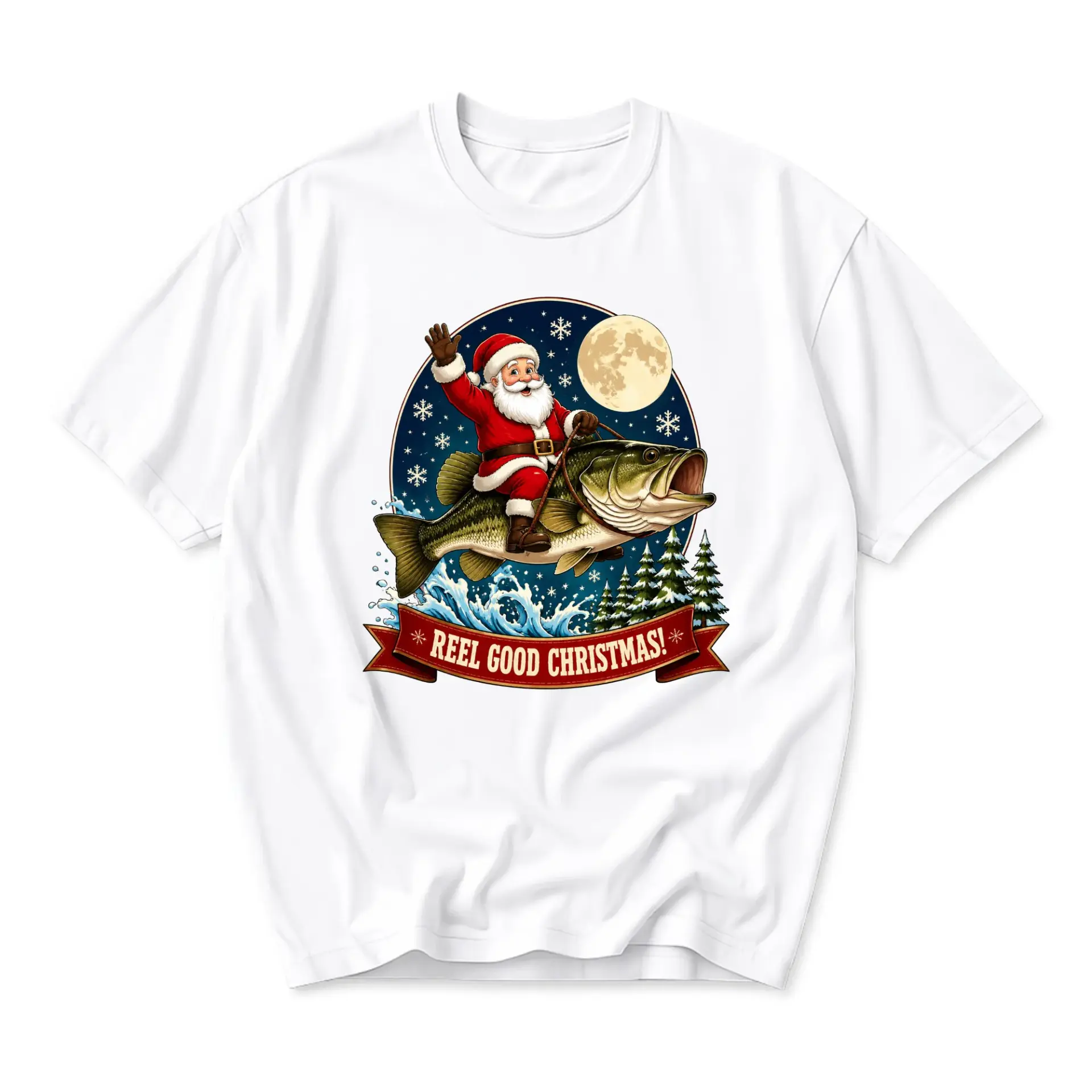 Funny Shirt Reel Good Christmas Santa Claus Fishing Graphic Tee Unisex Holiday Casual Wear Cotton Blend Top