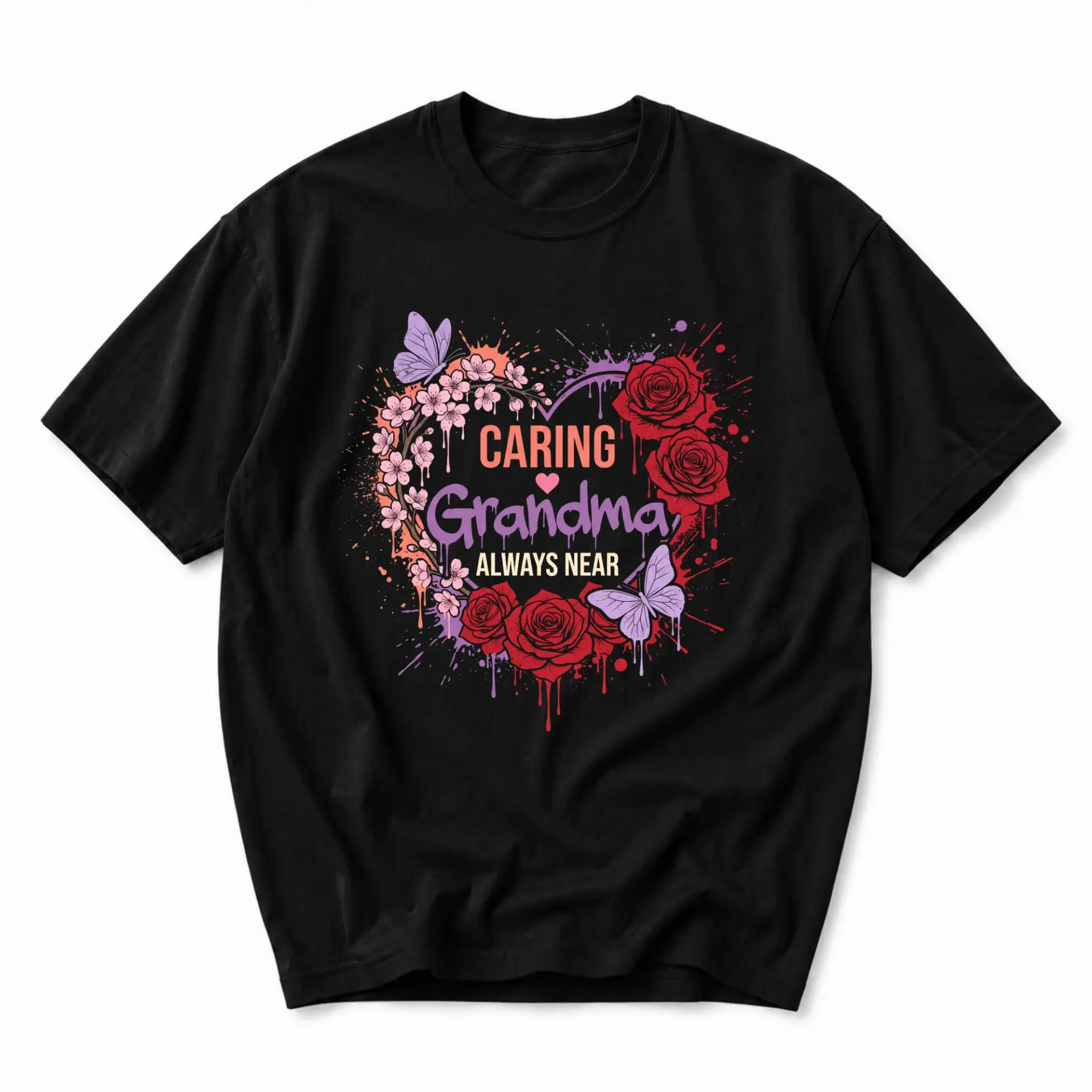 T-shirt Caring Grandma Always Near Graphic Tee Floral Heart Butterflies Casual Cotton Crew Neck Shirt Apparel