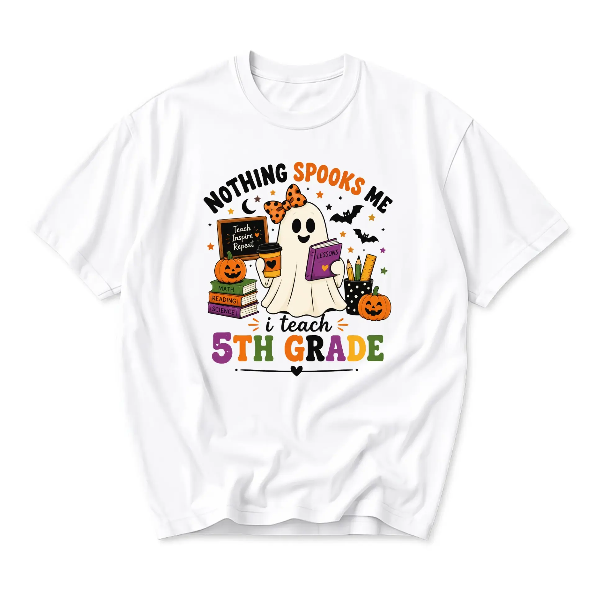 Funny Shirt Nothing Spooks Me I Teach 5th Grade Graphic Tee Halloween Educator Casual Unisex Crew Neck T-Shirt