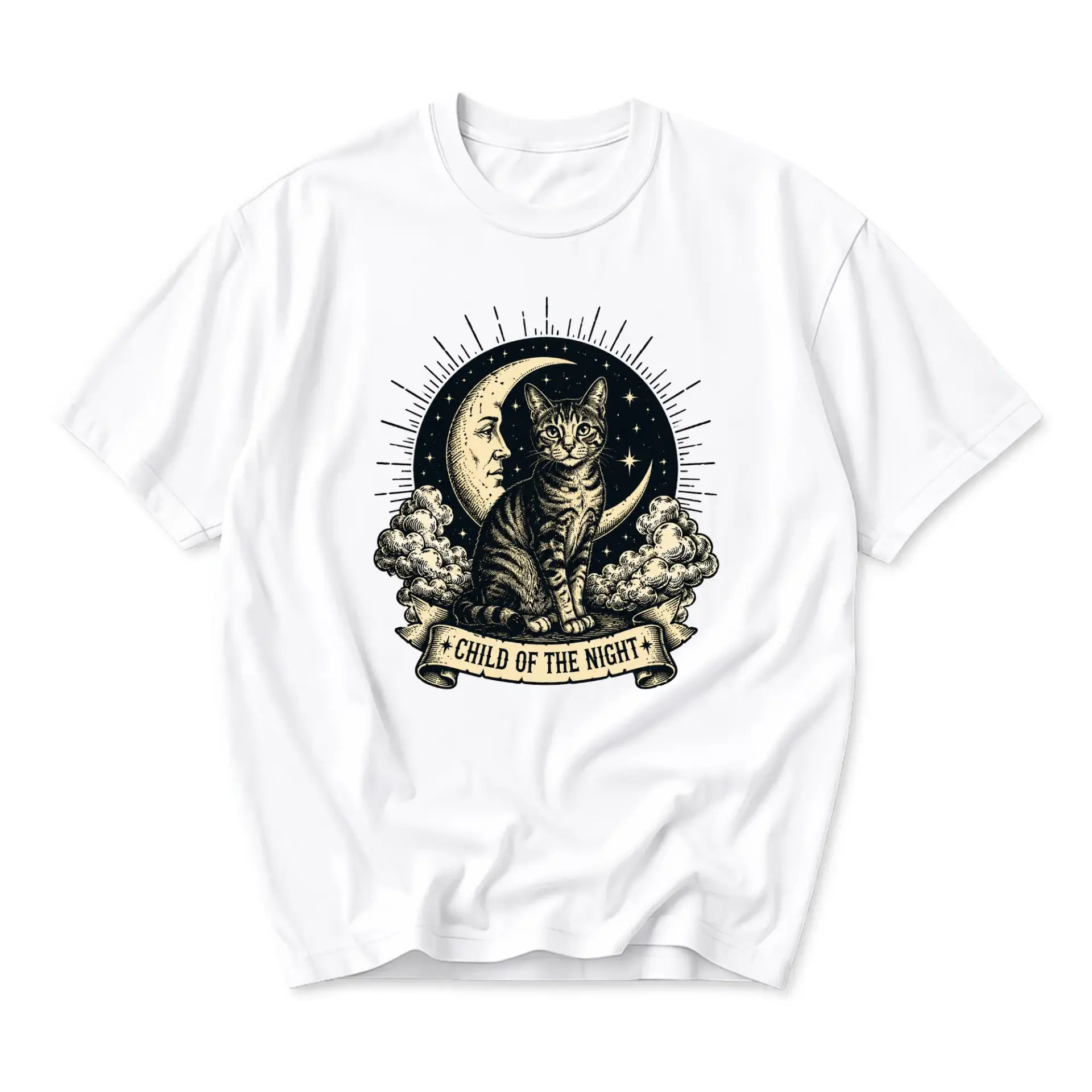 Graphic Tee Child of the Night Celestial Cat Moon Print Unisex Crew Neck Casual Cotton Blend Short Sleeve Shirt