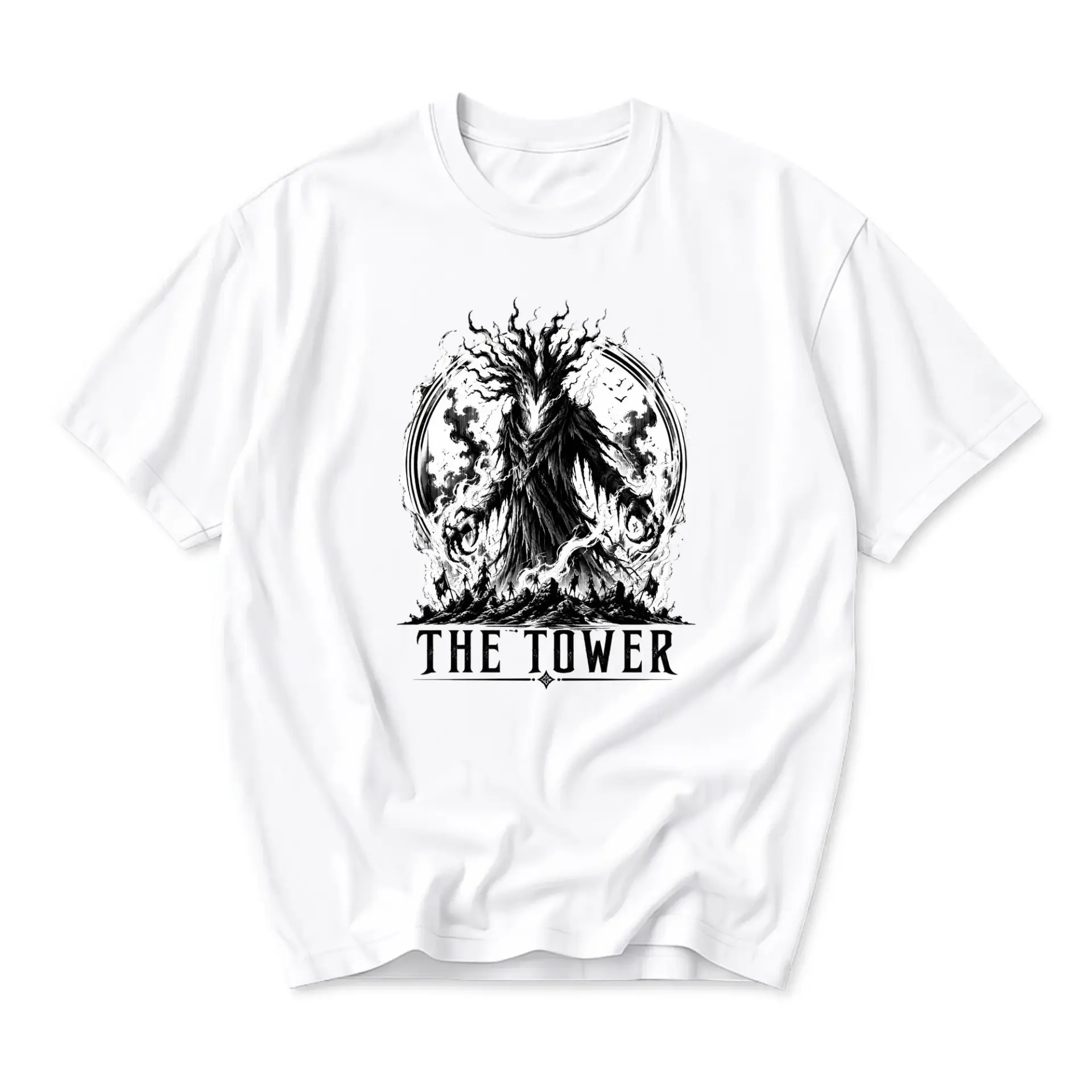 Graphic Tee the Tower Dark Fantasy Illustration Artistic Unisex Crew Neck Casual Everyday Wear Soft Cotton Shirt