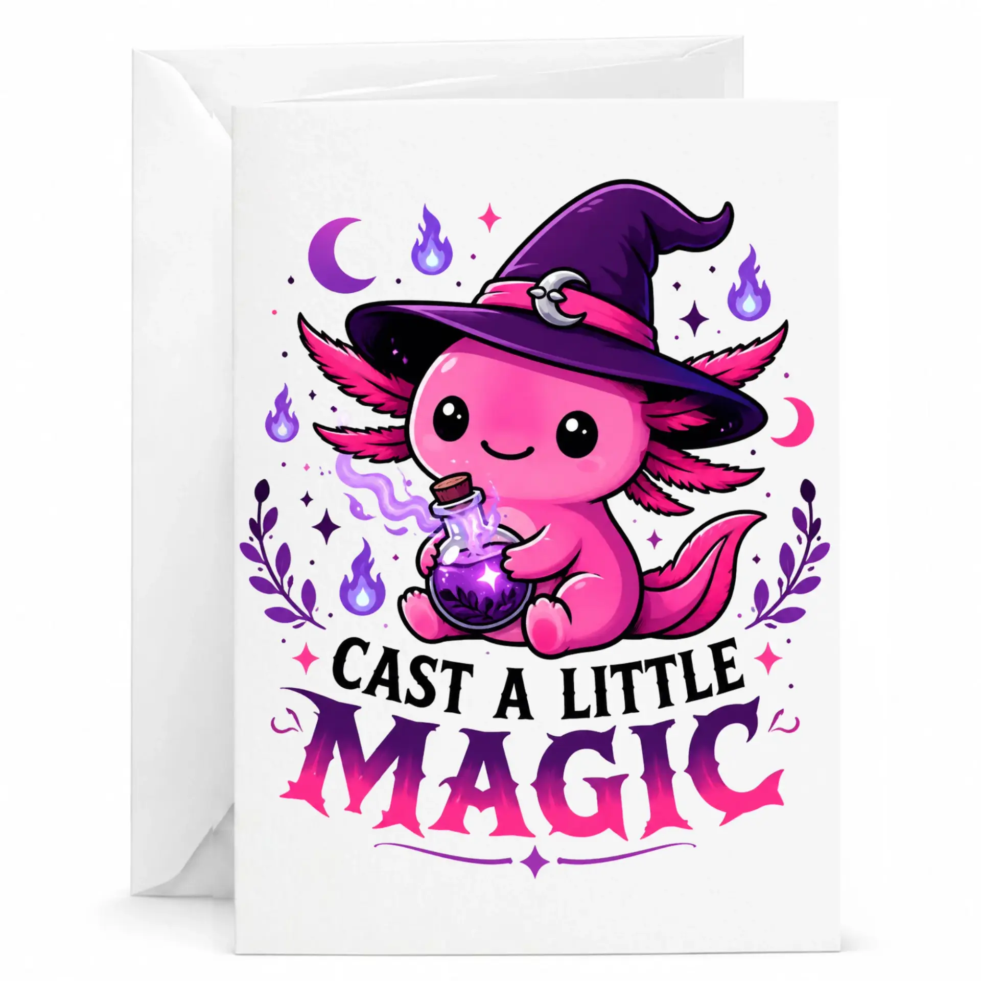 Personalized Greeting Card Cute Axolotl Witch Fantasy Art
