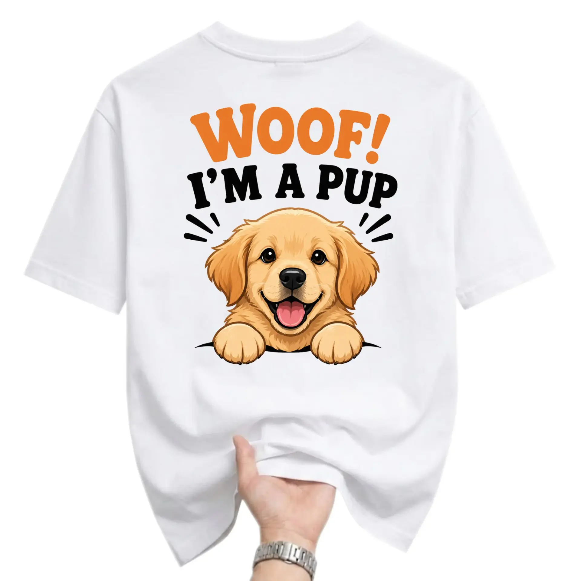 Funny Shirt Woof I Am a Pup Golden Retriever Graphic Tee Unisex Casual Crew Neck Short Sleeve Cotton Blend Apparel