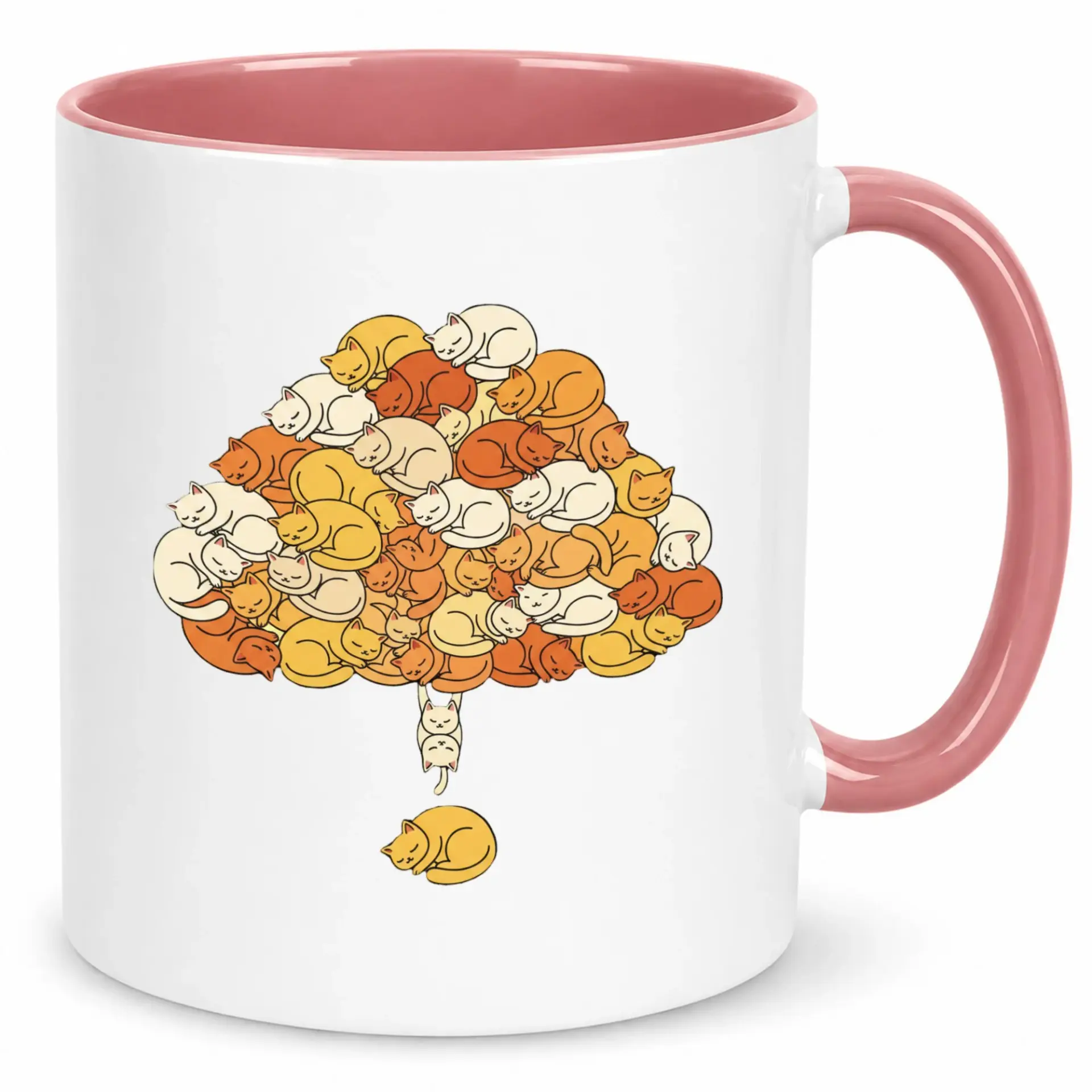 Cute Cat Pile Coffee Mug with Pink Handle Premium Ceramic Tea Cup for 11oz or 15oz Capacity Unique Feline Artwork Home or Office