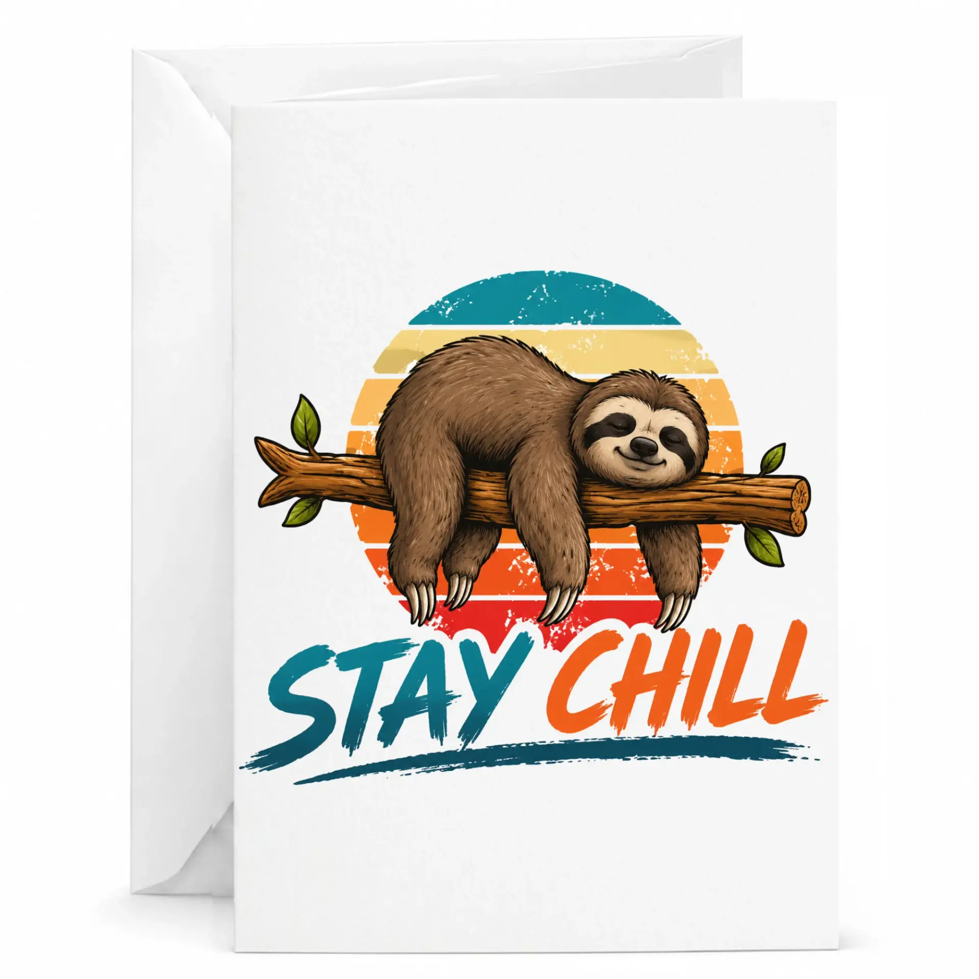 Funny Sloth Greeting Card with Envelope, Retro Sunset Graphic Stay Chill Design for Birthday or Encouragement