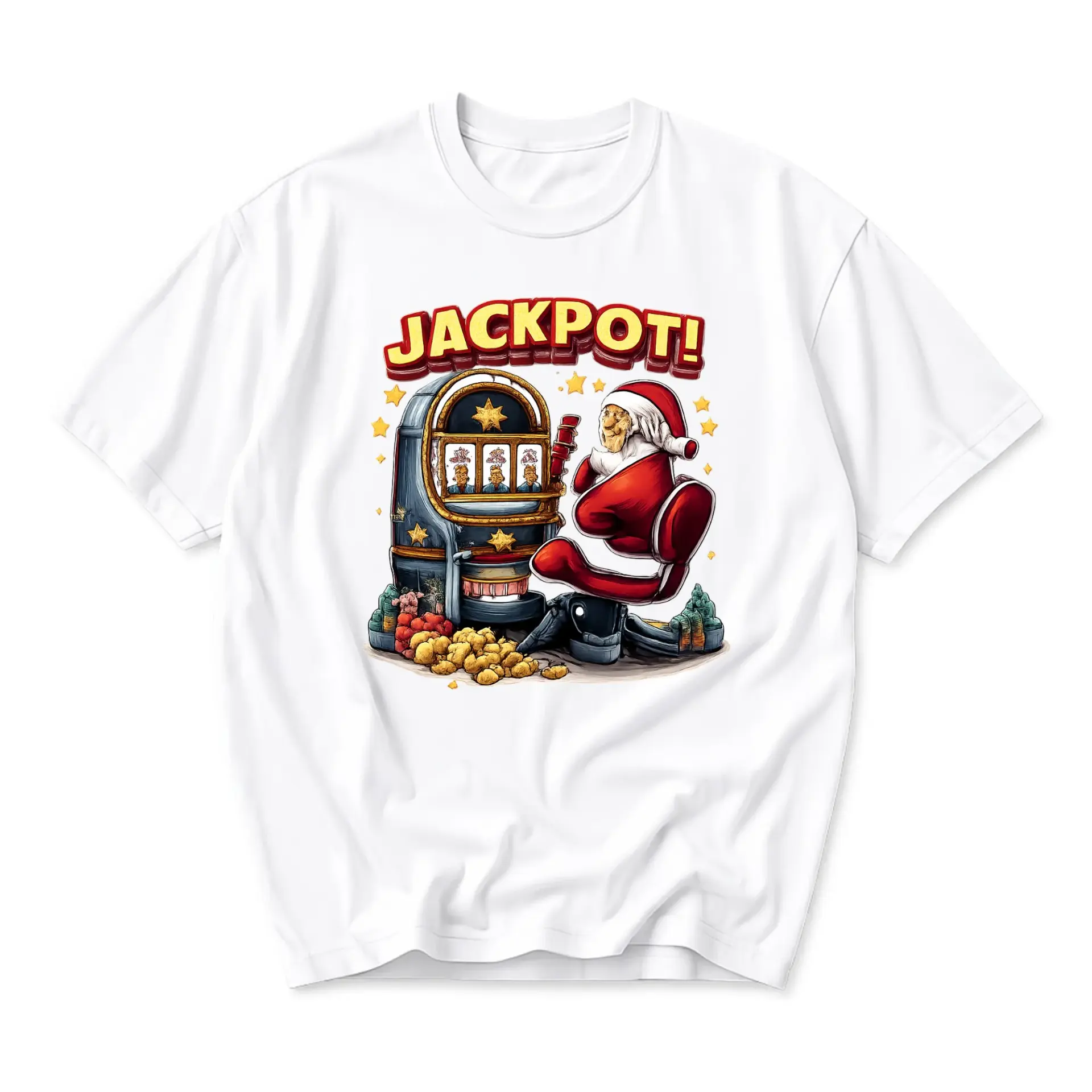 Funny Shirt Jackpot Santa Graphic Tee Casual Holiday Unisex Crew Neck T-Shirt for Everyday Wear and Gift Giving