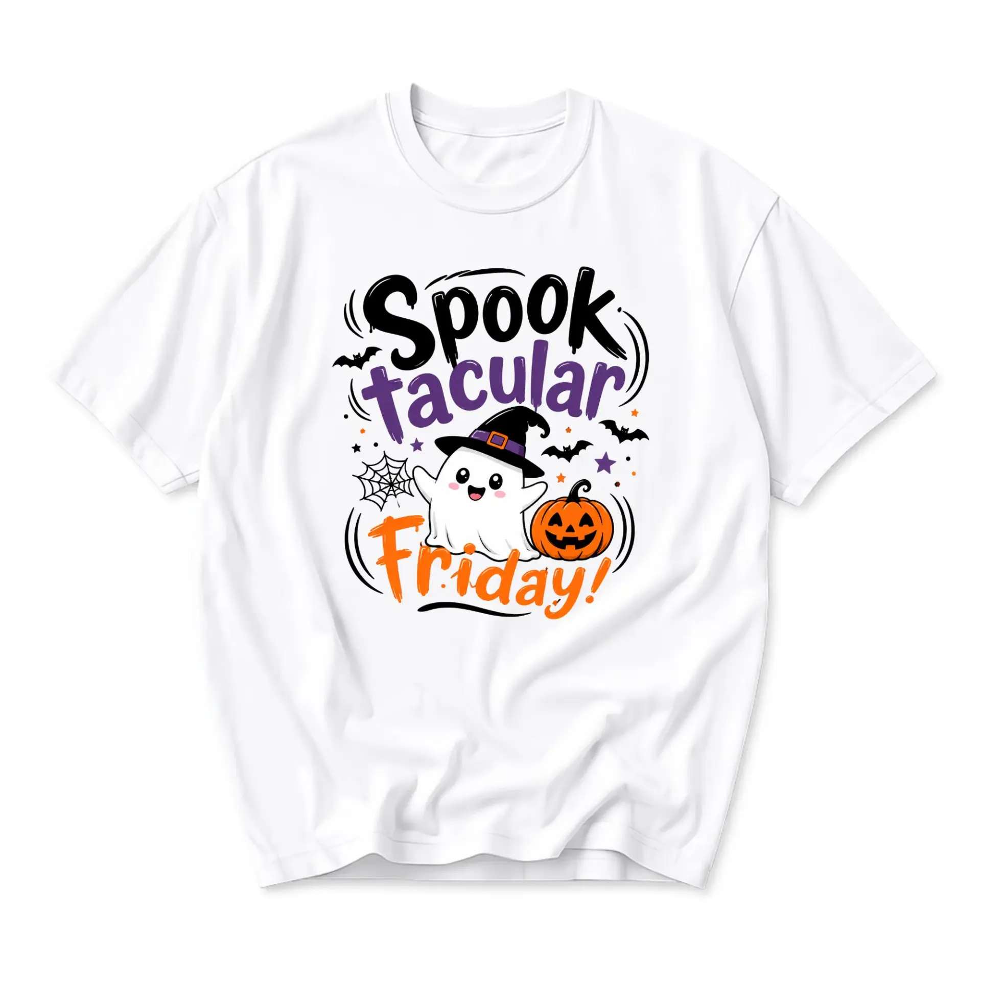 Funny Shirt Spooktacular Friday Halloween Ghost Pumpkin Graphic Print Casual Unisex Crew Neck Short Sleeve Tee