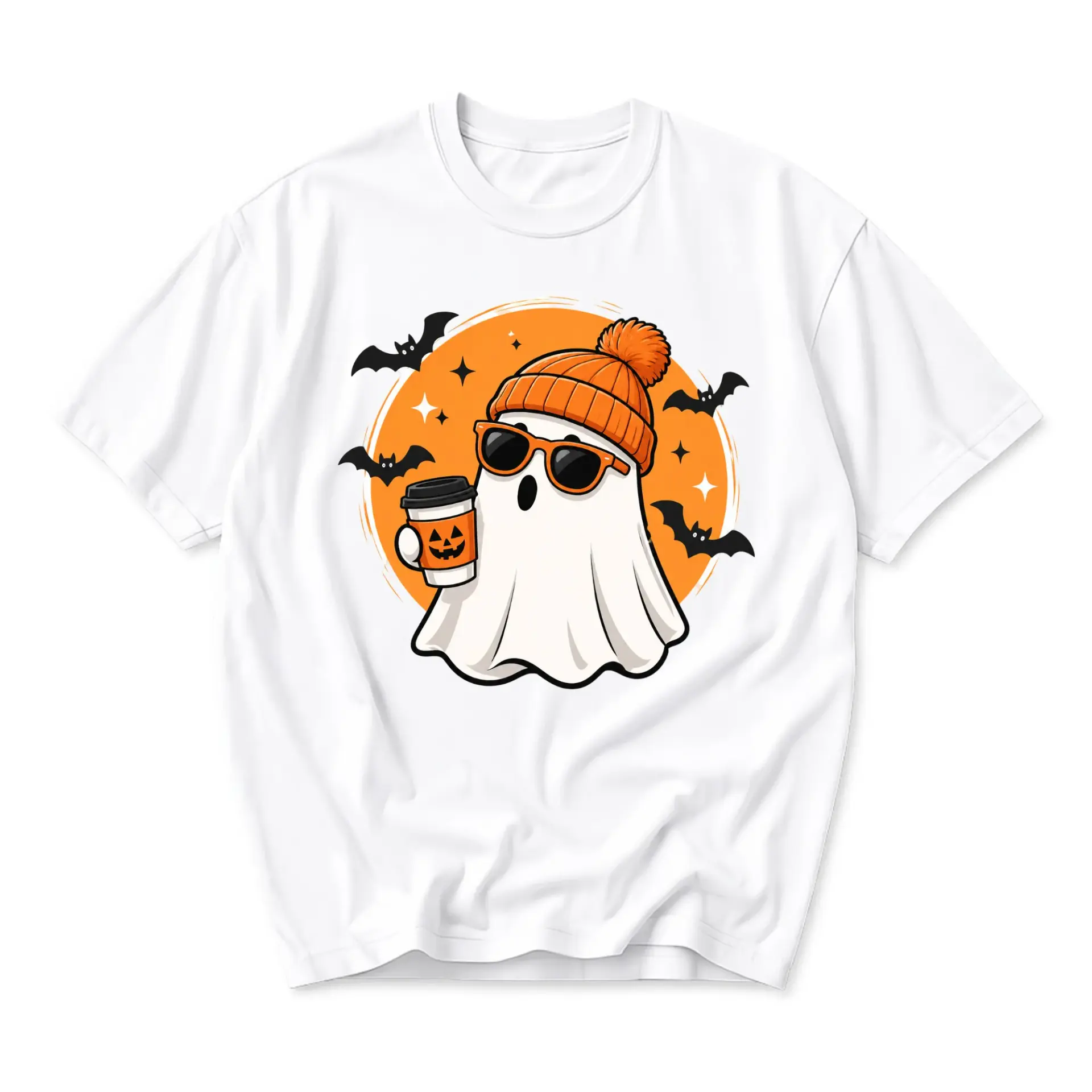 Graphic Tee Unisex Crew Neck T-Shirt Featuring Cool Ghost Wearing Beanie with Coffee Cup and Bats Fall Design