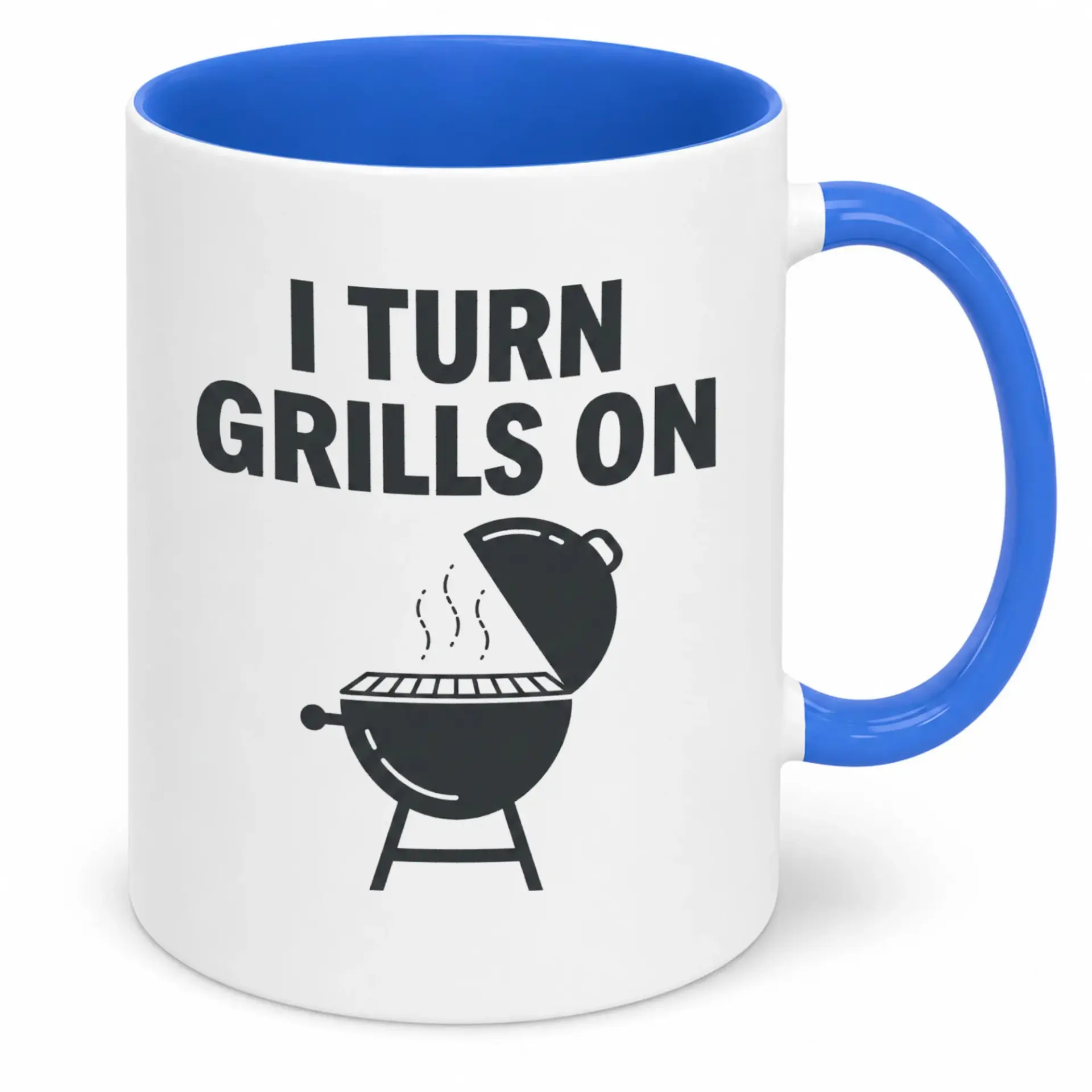 Funny Grill Master Ceramic Coffee Mug with "i Turn Grills On" Design, 11oz or 15oz White and Blue Handle Beverage Cup for Barbecue Lovers
