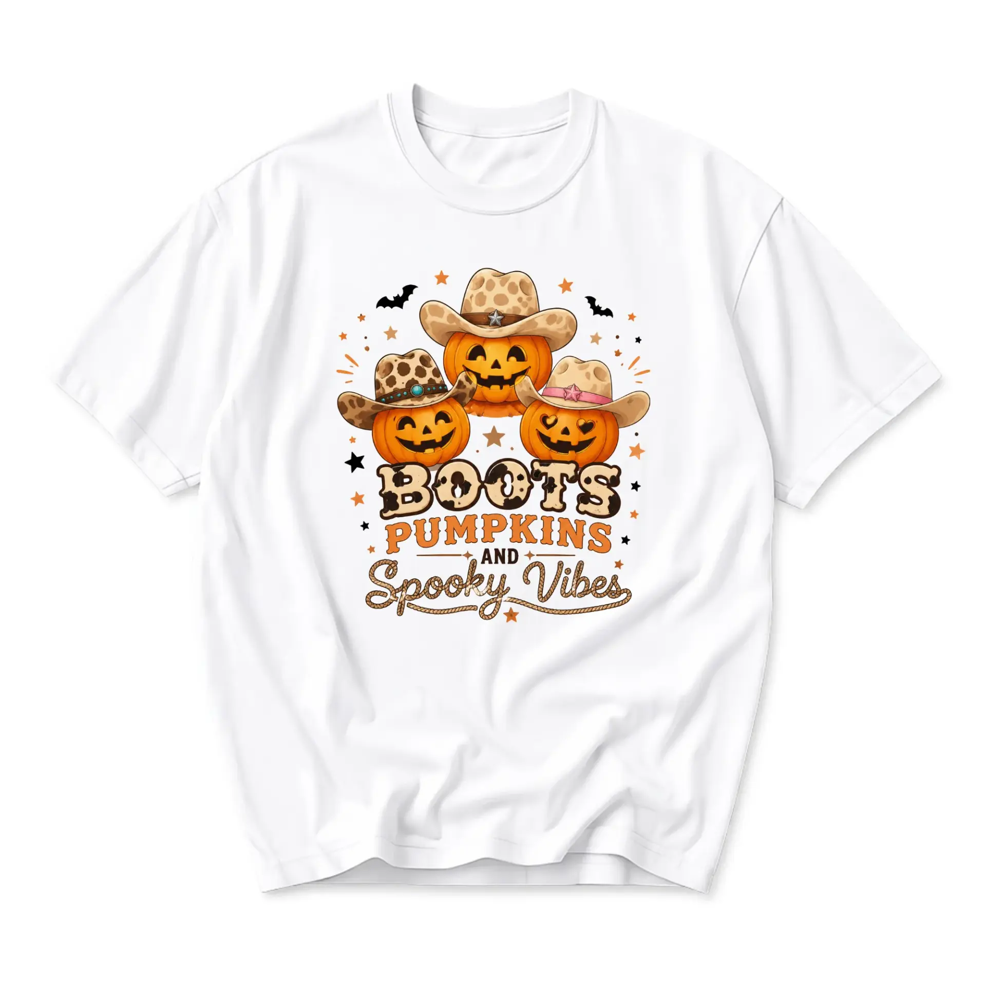 Graphic Tee Boots Pumpkins and Spooky Vibes Western Fall Shirt Unisex Crew Neck Cotton Blend Casual Holiday Top