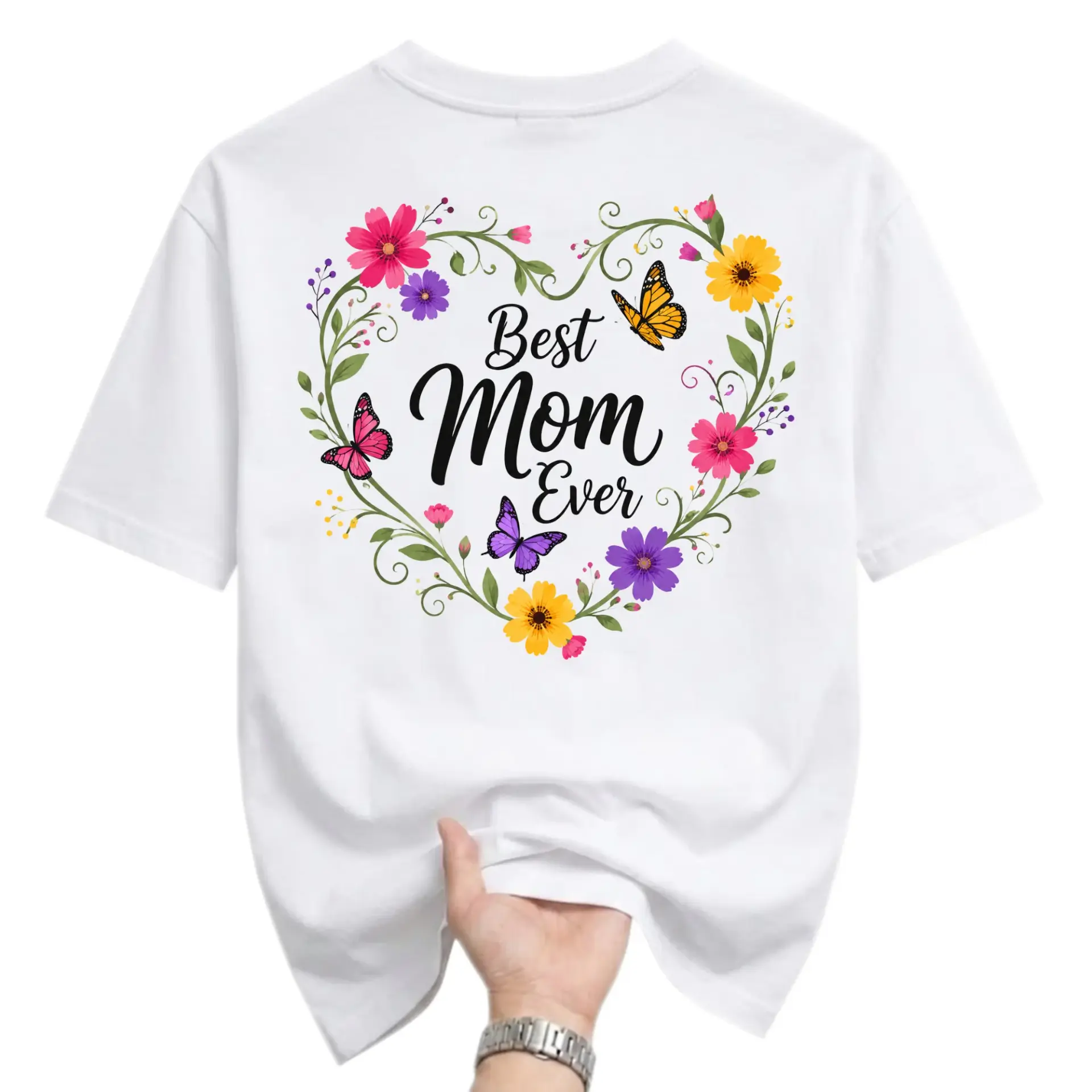 Graphic Tee Best Mom Ever Floral Heart Butterfly Print Unisex Crew Neck