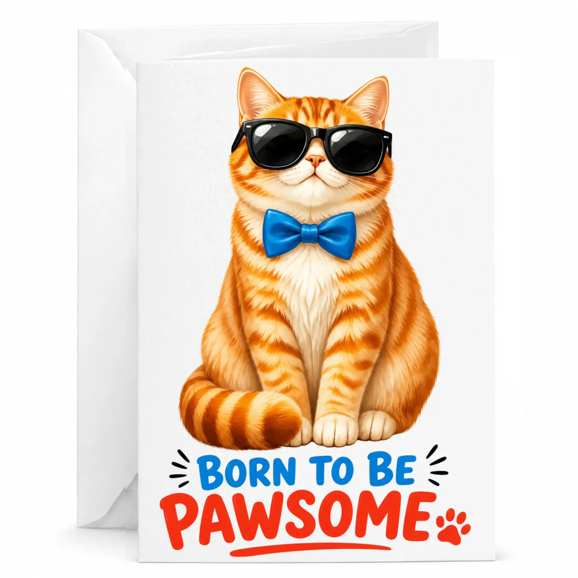 Greeting Card Born to Be Pawsome Funny Cat Illustration with Envelope