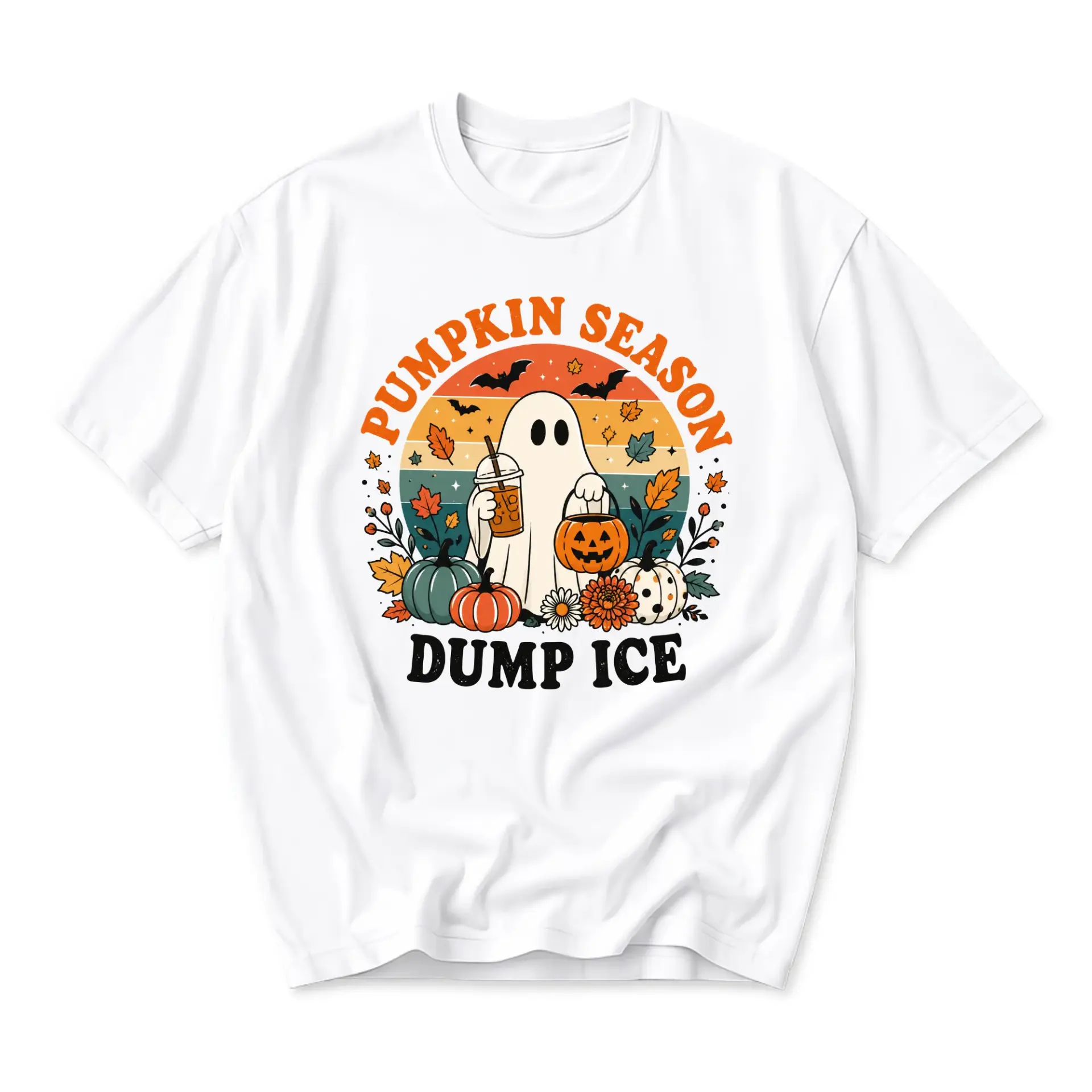 Funny Shirt Pumpkin Season Dump Ice Graphic Tee Cute Ghost Drinking Iced Coffee Autumn Fall Harvest Holiday Apparel