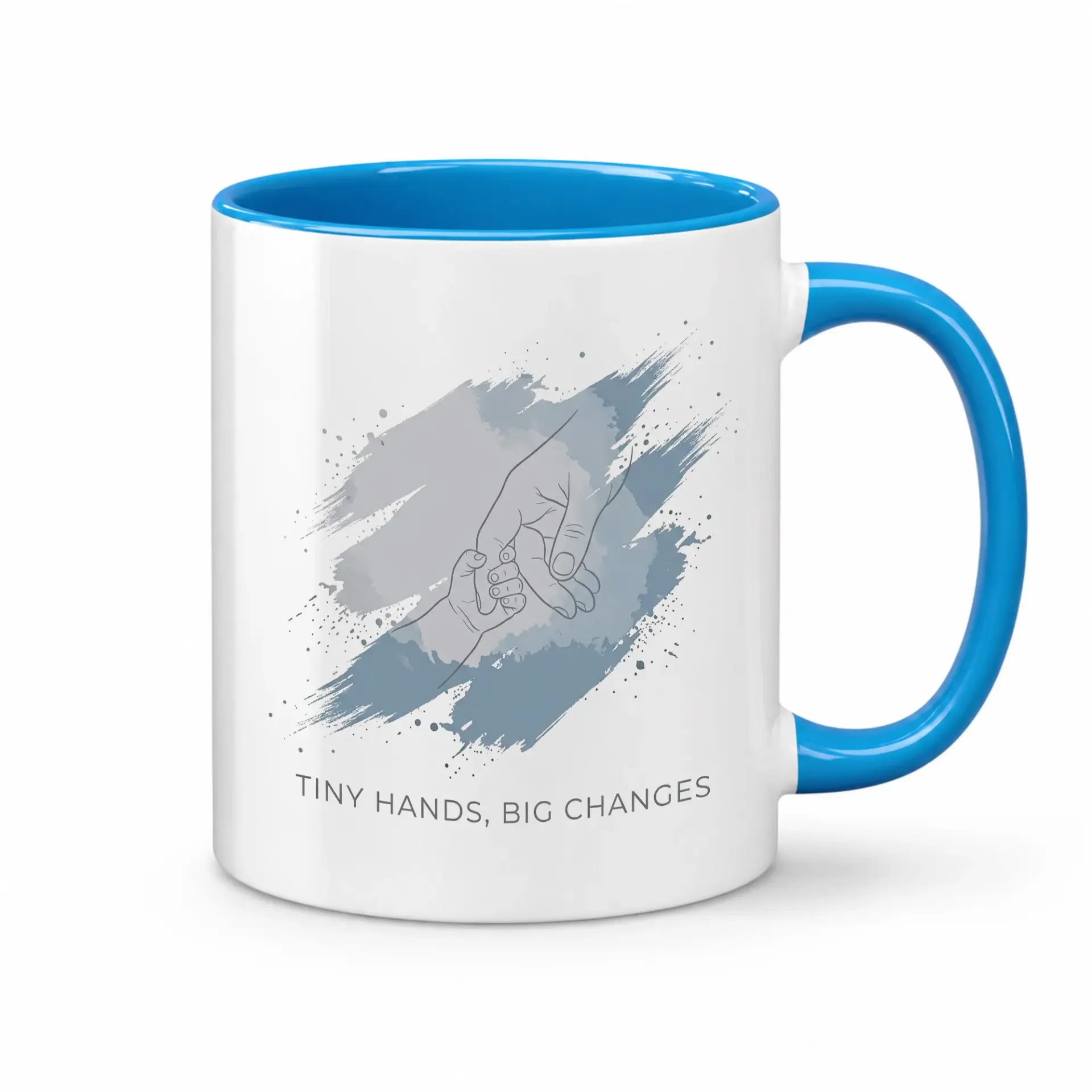 Inspirational Sentiment Ceramic Coffee Mug with Decorative Hand Illustration and Blue Handle for Home Office Use