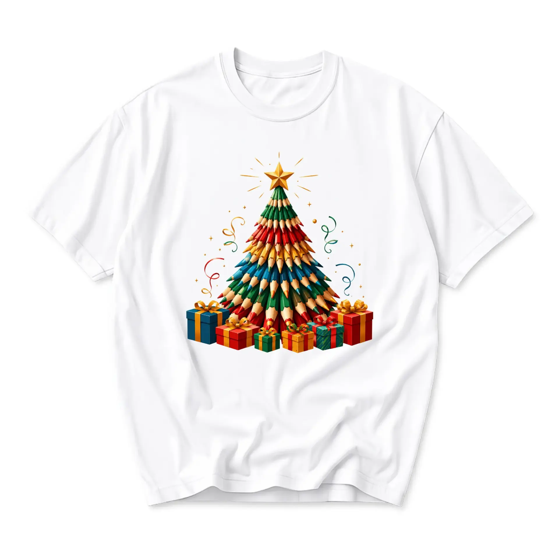 Graphic Tee Unisex Christmas Tree Made of Pencils Holiday Art Casual Short
