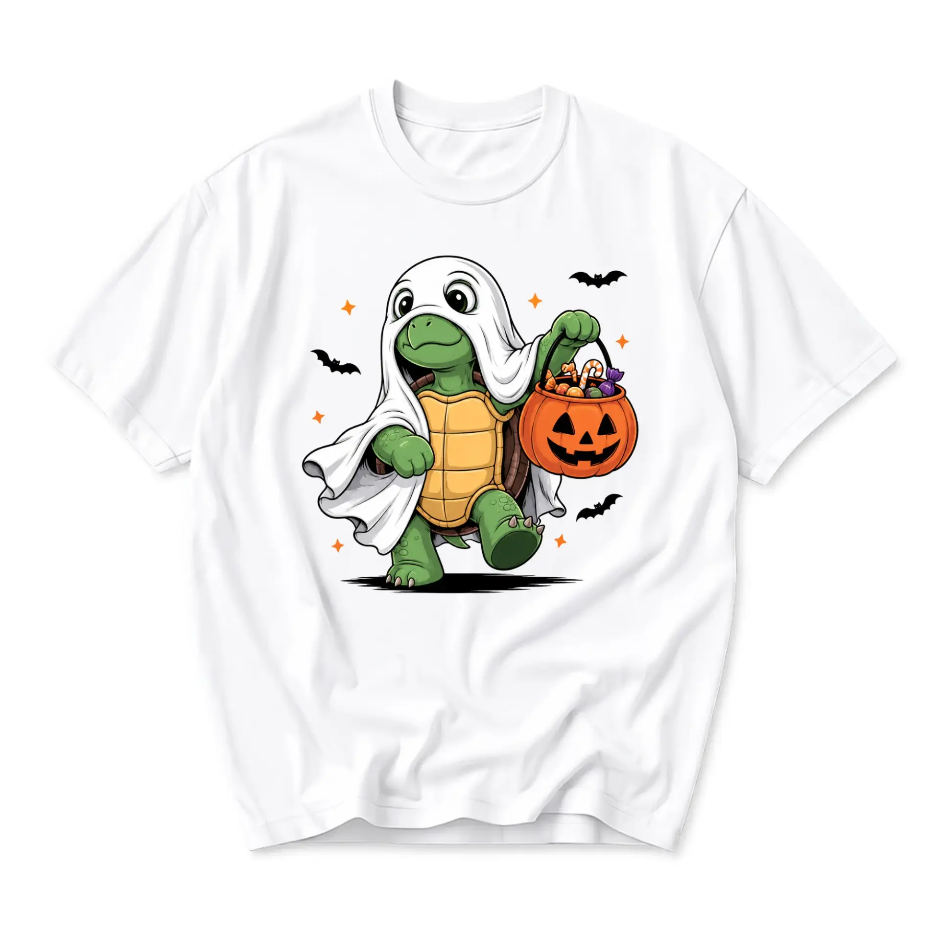 Graphic Tee Unisex Crew Neck Shirt Featuring a Cute Turtle Dressed as a Ghost Carrying a Halloween Candy Bucket