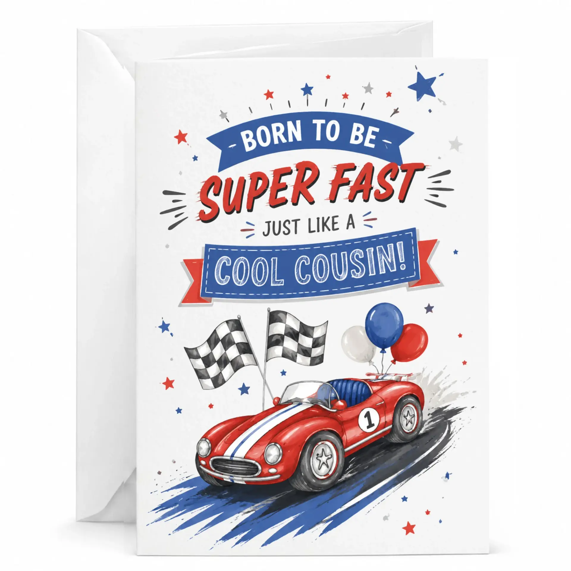 Birthday Greeting Card for Cool Cousin with Race Car Design Fun Fast Vehicle Theme 5x7 Inches Folded
