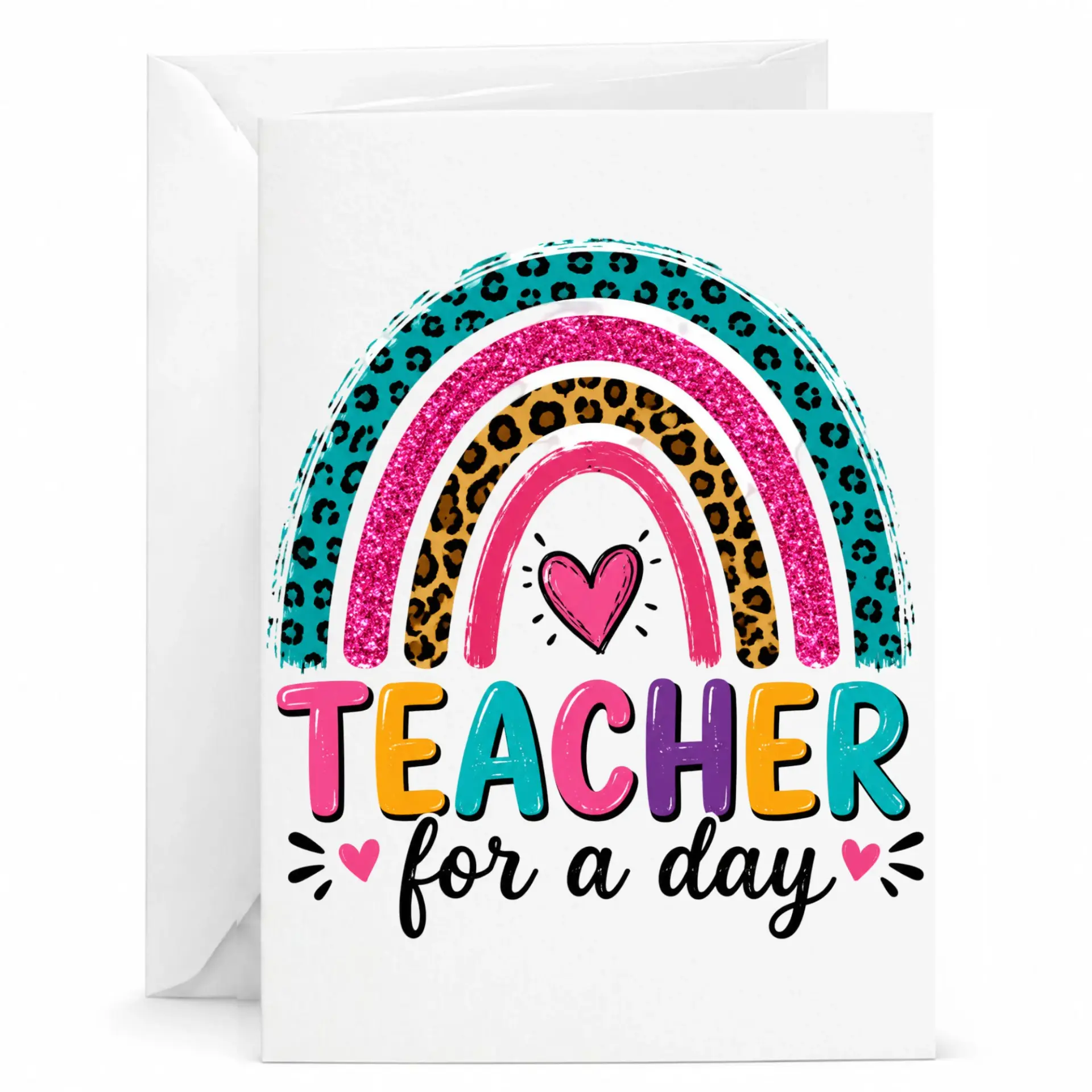 Personalized Greeting Card Teacher for a Day Leopard Rainbow Design