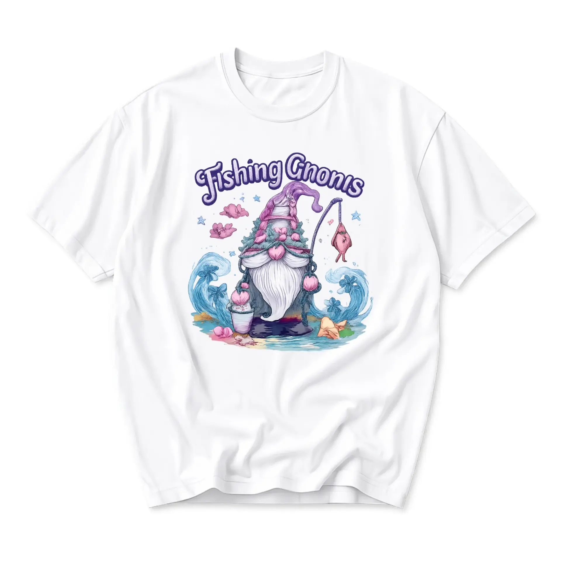 Graphic Tee Fishing Gnomis Design Unisex Casual Cotton Crew Neck T-Shirt for Everyday Wear and Unique Style Expression